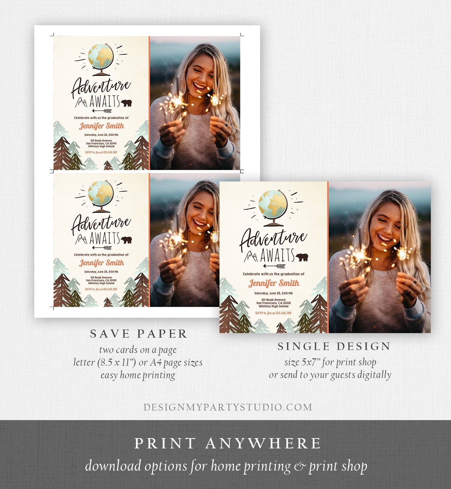 Editable Adventure Awaits Graduation Party Invitation Forest Woodland Vintage Travel College High School Grad Digital Corjl Template 0044