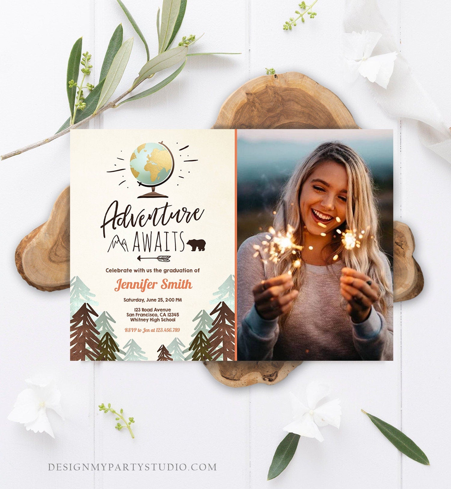 Editable Adventure Awaits Graduation Party Invitation Forest Woodland Vintage Travel College High School Grad Digital Corjl Template 0044