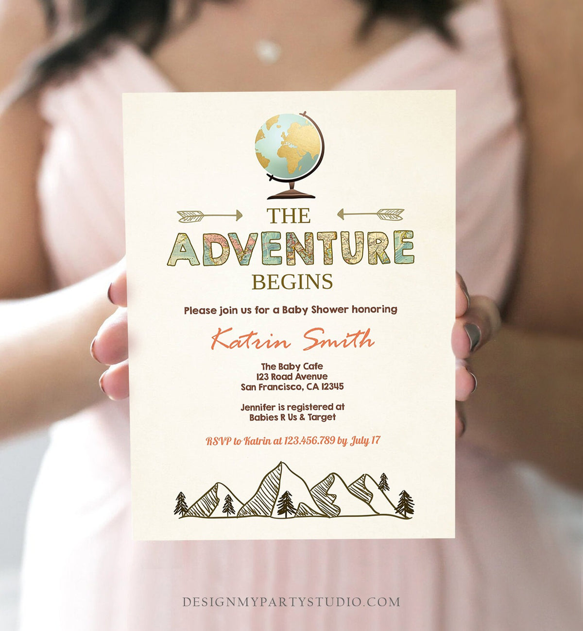 Editable Adventure Begins Baby Shower Invitation Forest Mountains Vintage Globe Travel Around World Digital Corjl Template Printable 0044