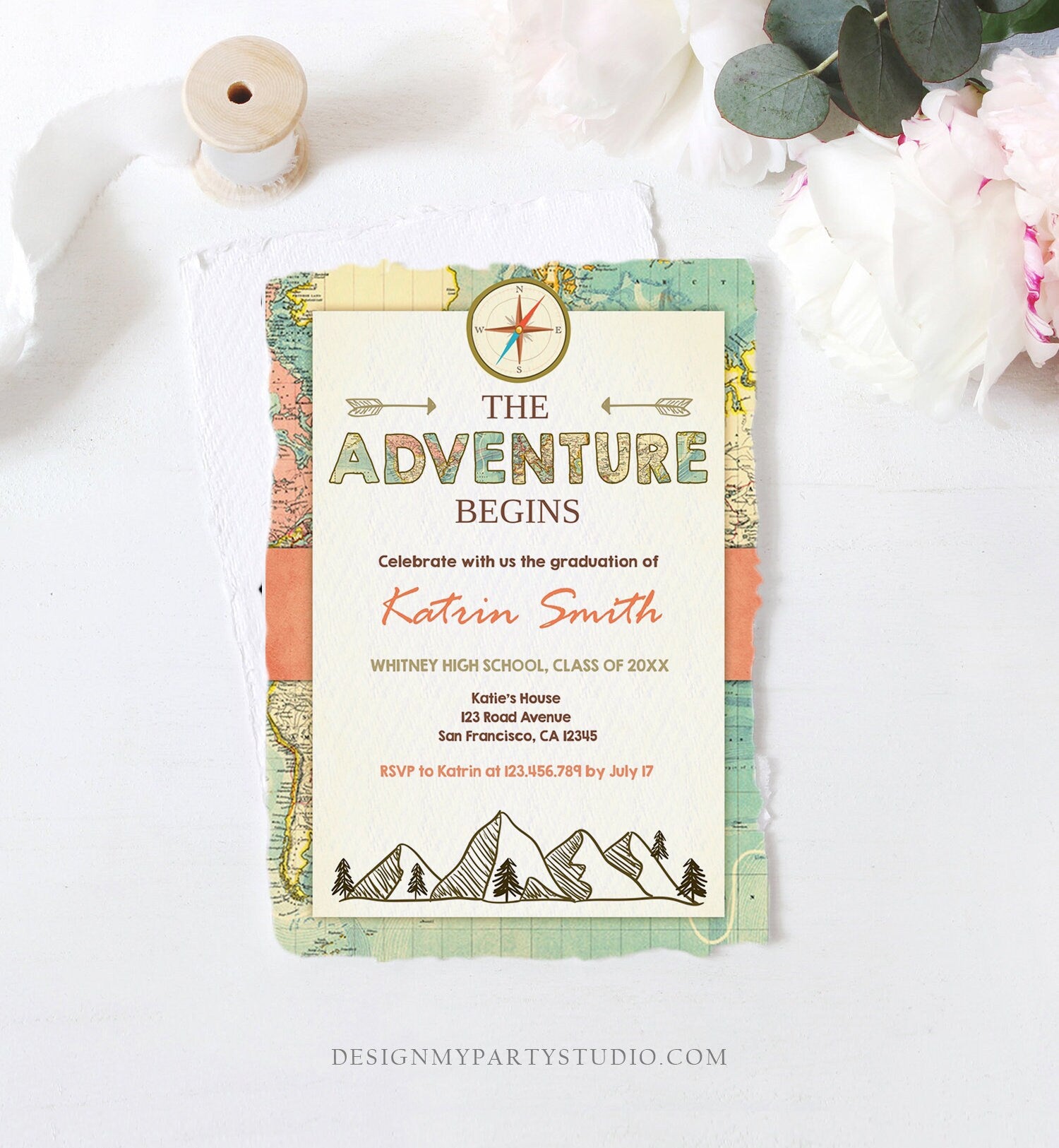 Editable Adventure Begins Graduation Party Invitation Woodland Vintage Travel College High School Grad Digital Template Printable 0044