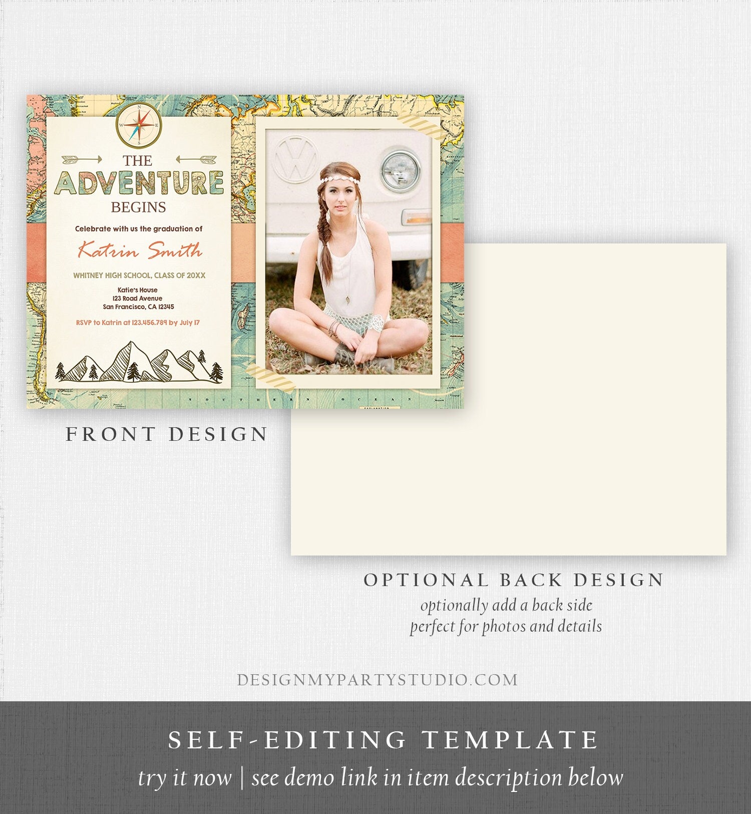 Editable Adventure Begins Graduation Party Invitation Forest Woodland Vintage Travel College High School Grad Digital Corjl Template 0044