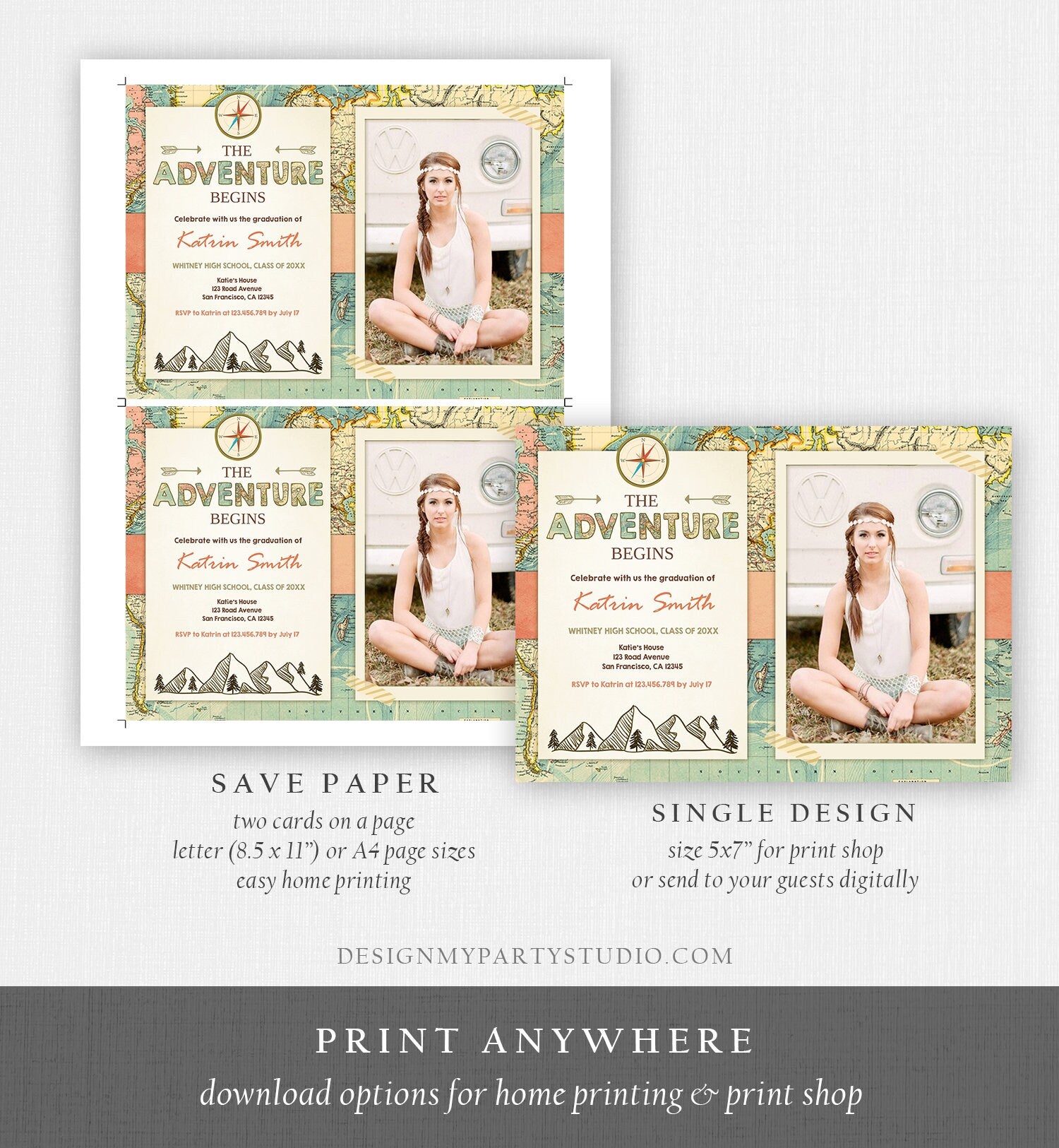 Editable Adventure Begins Graduation Party Invitation Forest Woodland Vintage Travel College High School Grad Digital Corjl Template 0044