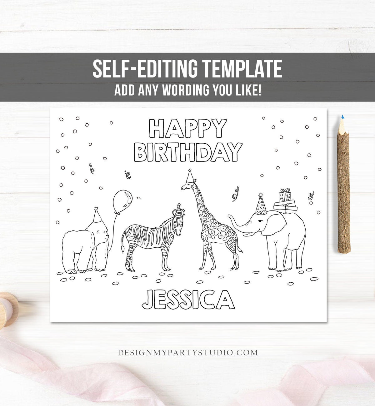 Editable Coloring Page Safari Animals Birthday Party Activity Game Wild One Birthday Zoo Jungle Party Animals Download PRINTABLE Corjl 0142