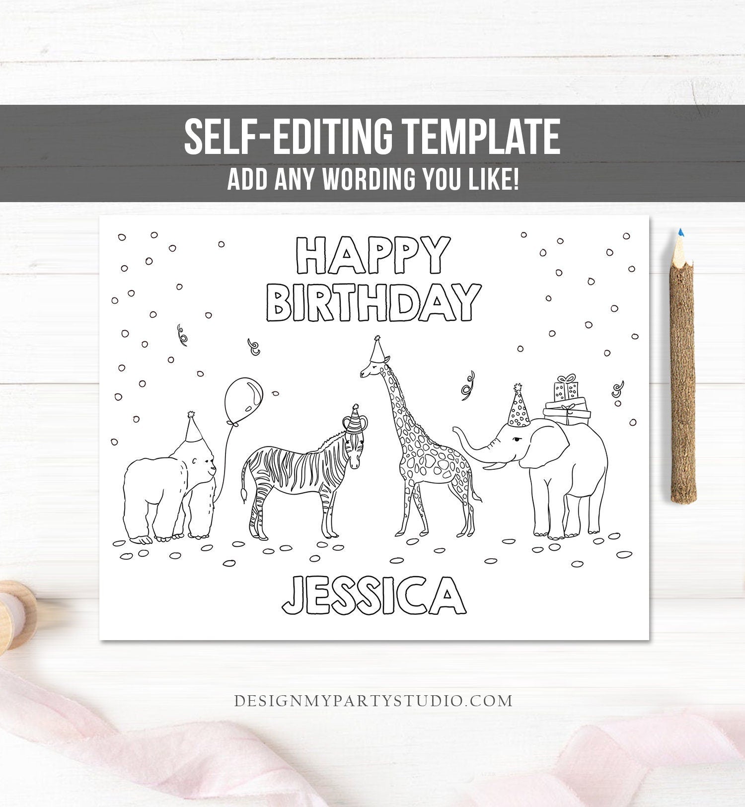 Editable Coloring Page Safari Animals Birthday Party Activity Game Wild One Birthday Zoo Jungle Party Animals Download PRINTABLE Corjl 0142