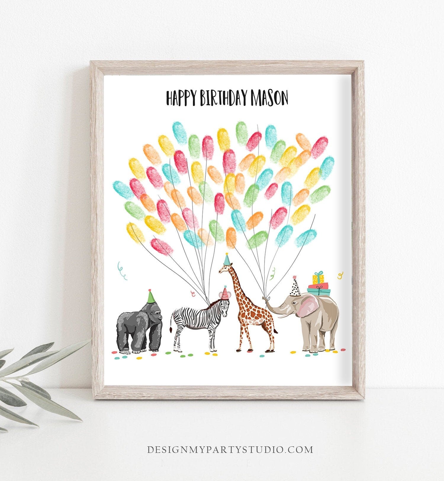 Editable Party Animals Birthday Fingerprint Guestbook Thumbprint Guest Book Safari Tree Jungle Wild One Corjl Template Printable 0142