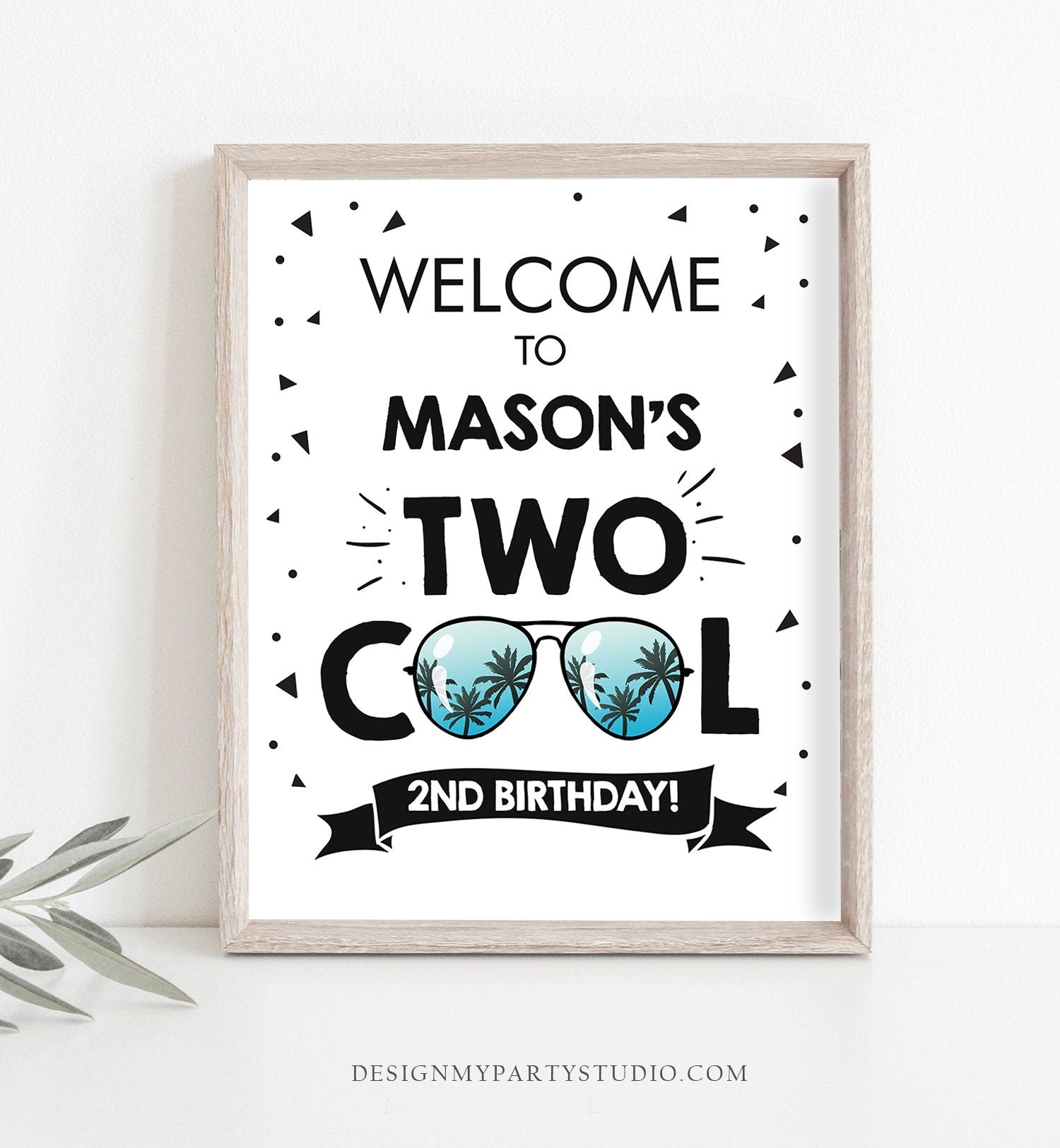 Editable Two Cool Birthday Welcome Sign 2nd Birthday I'm This Many Welcome Boy Birthday Sunglasses Palm Template PRINTABLE Corjl 0136