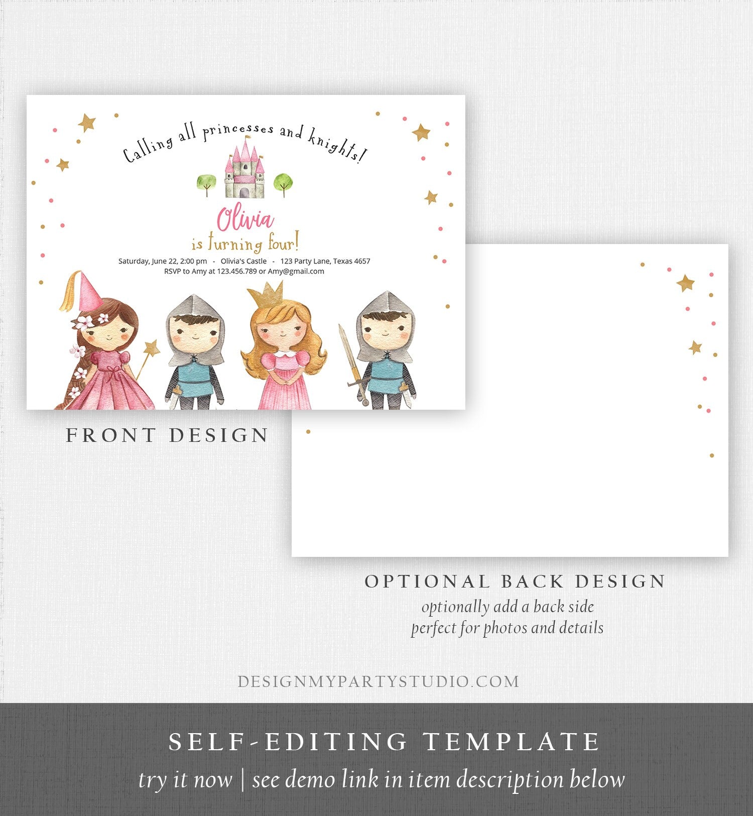 Editable Princess and Knight Birthday invitation Once Upon a Time Princess Birthday Girl Pink Castle Download Printable Template Corjl 0171