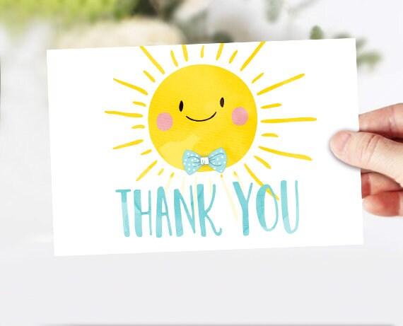 Little Sunshine Thank You Card Birthday Baby Shower Thank You Note Ray of Sunshine Bow Boy Blue 4x6&quot; Watercolor Download Printable 0141