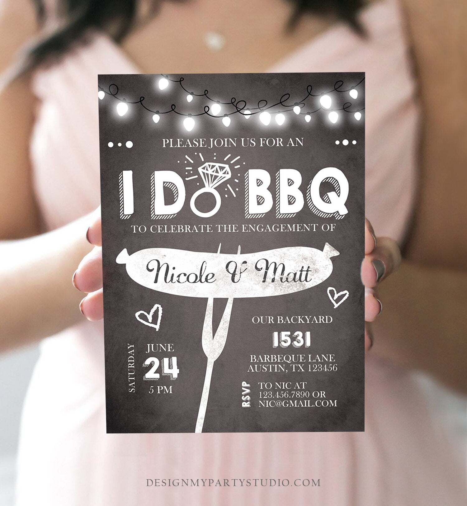 Editable I Do BBQ Engagement Party Invitation Couples Chalk String Lights Ring Barbecue Outdoor Bridal Shower Printable Corjl Template 0145