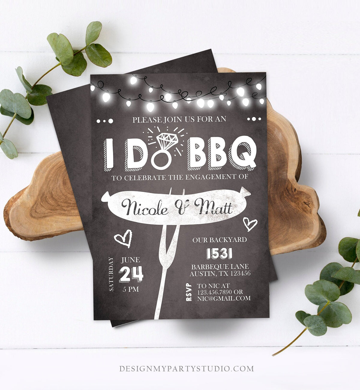 Editable I Do BBQ Engagement Party Invitation Couples Chalk String Lights Ring Barbecue Outdoor Bridal Shower Printable Corjl Template 0145