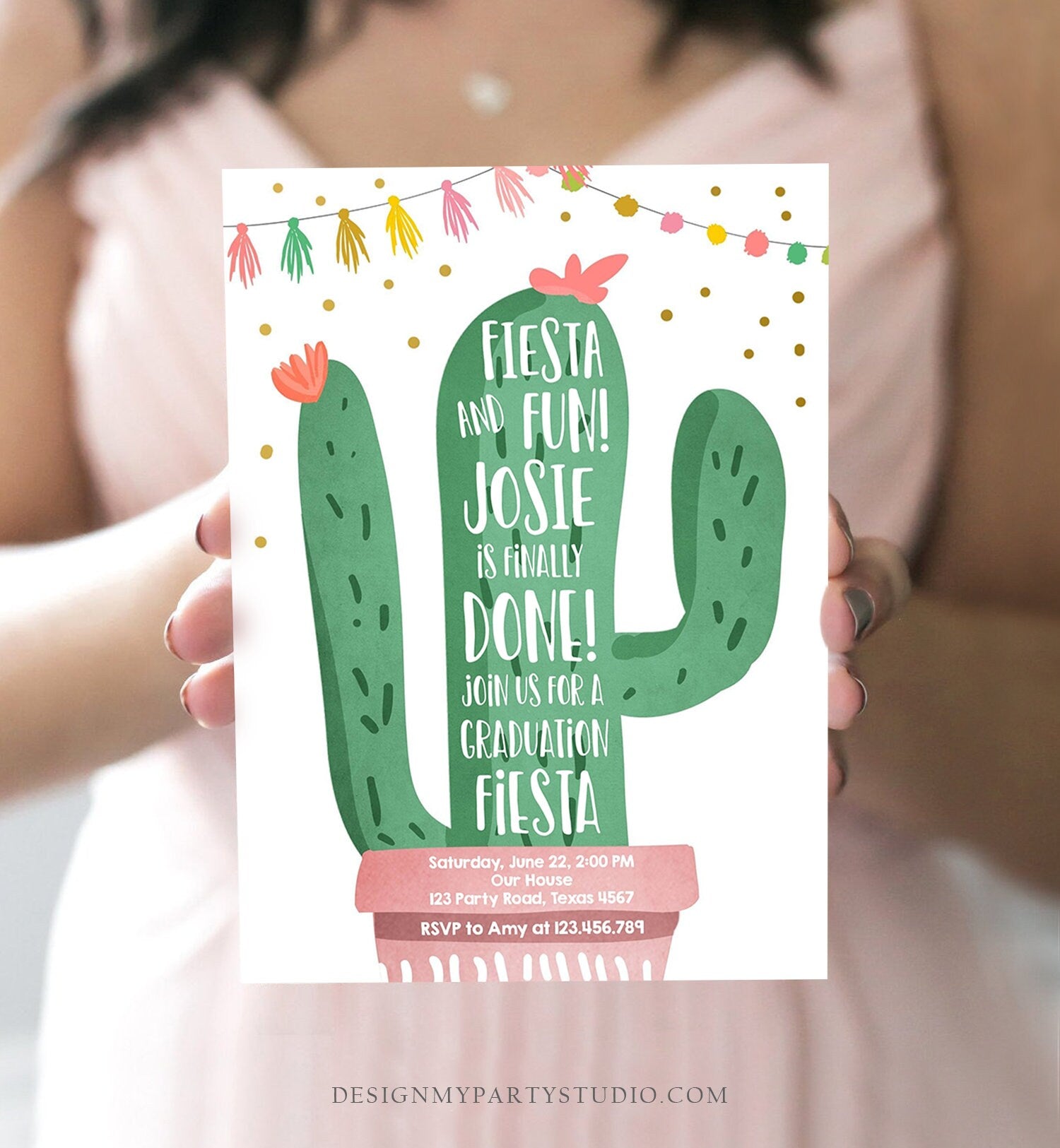 Editable Graduation Fiesta and Fun Party Invitation Finally Done Let's Fiesta Cactus College High School Grad Corjl Template Printable 0255