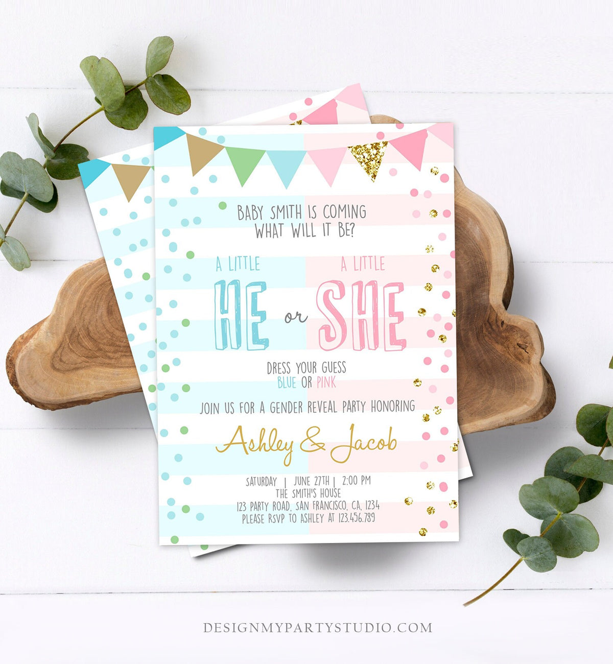 Editable Gender Reveal Invitation Confetti Blue or Pink Gold Boy or Girl He or She Rustic Instant Download Printable Template Corjl 0228