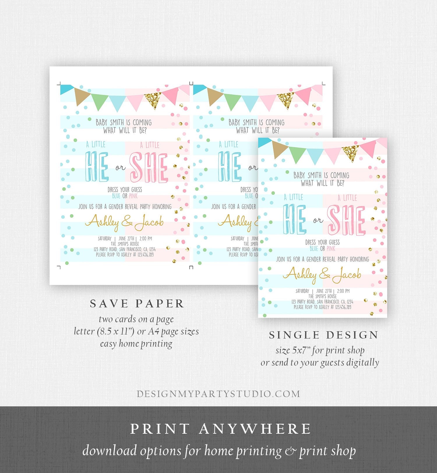 Editable Gender Reveal Invitation Confetti Blue or Pink Gold Boy or Girl He or She Rustic Instant Download Printable Template Corjl 0228