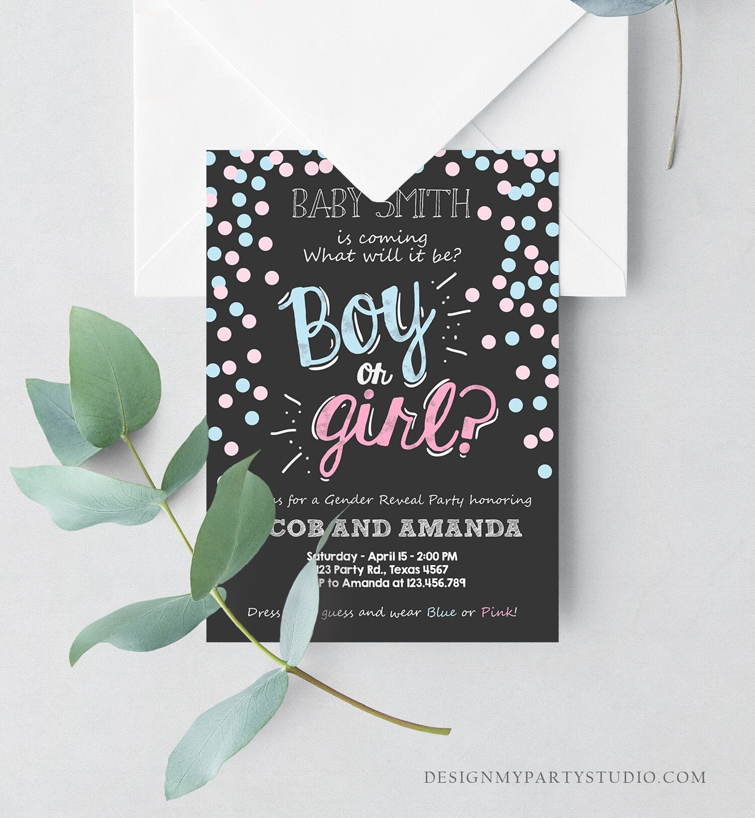 Editable Gender Reveal Invitation Boy or Girl Pink or Blue He or She Chalk Confetti Modern Simple Invite Template Instant Download Corjl