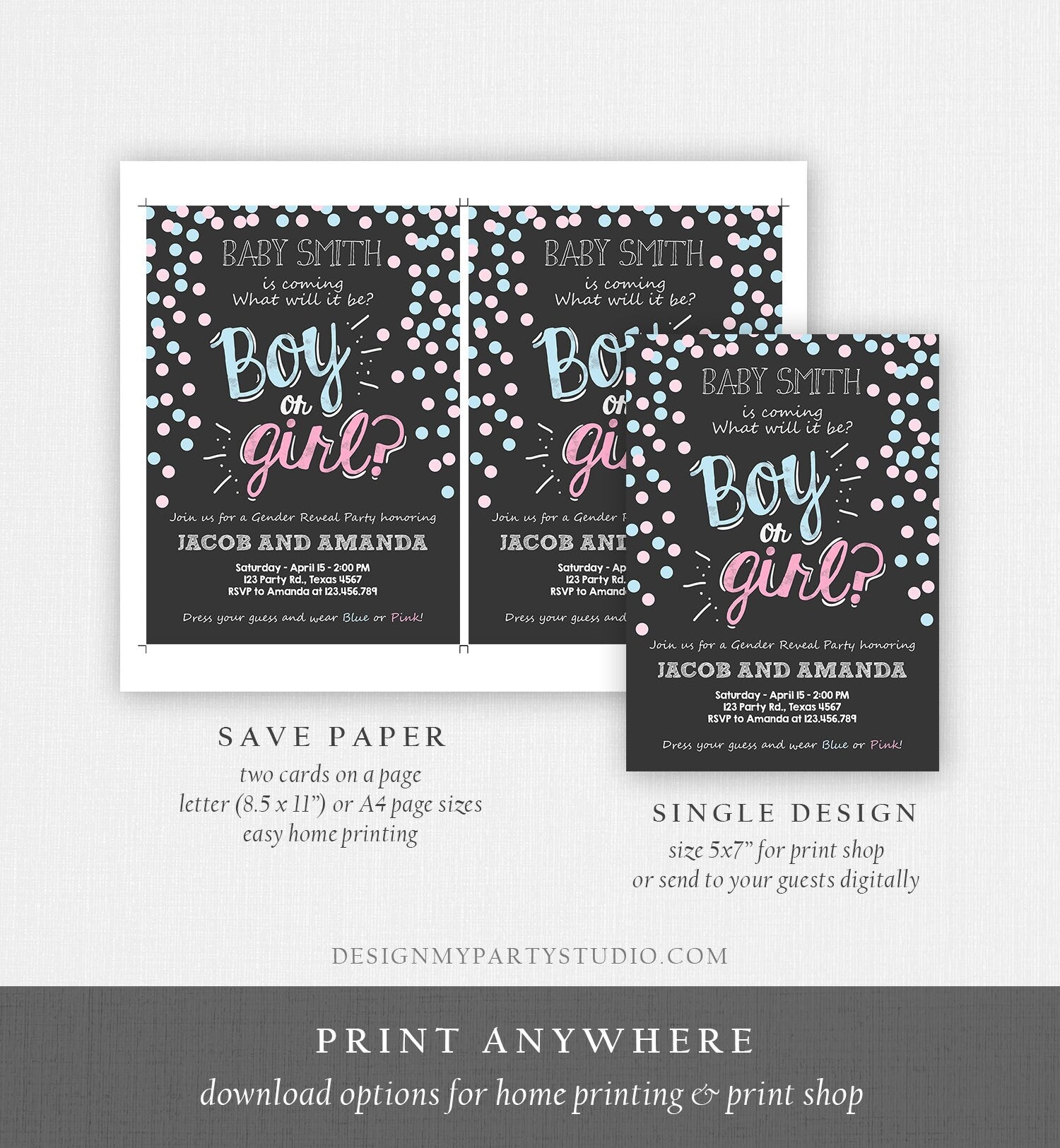 Editable Gender Reveal Invitation Boy or Girl Pink or Blue He or She Chalk Confetti Modern Simple Invite Template Instant Download Corjl