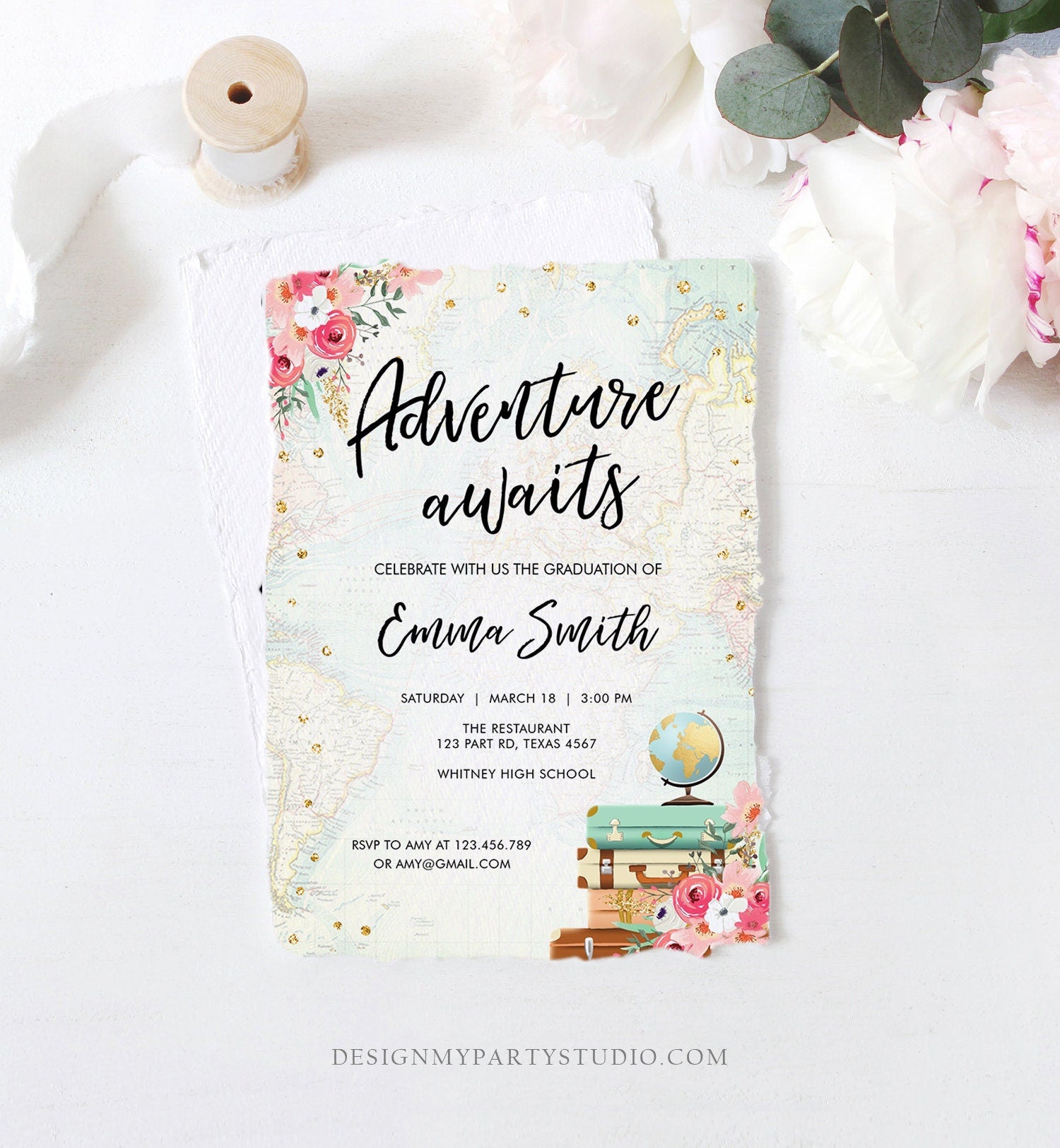 Editable Adventure Awaits Graduation Party Invitation Vintage Travel Around the World Pink Gold High School Grad College Evite Template 0030