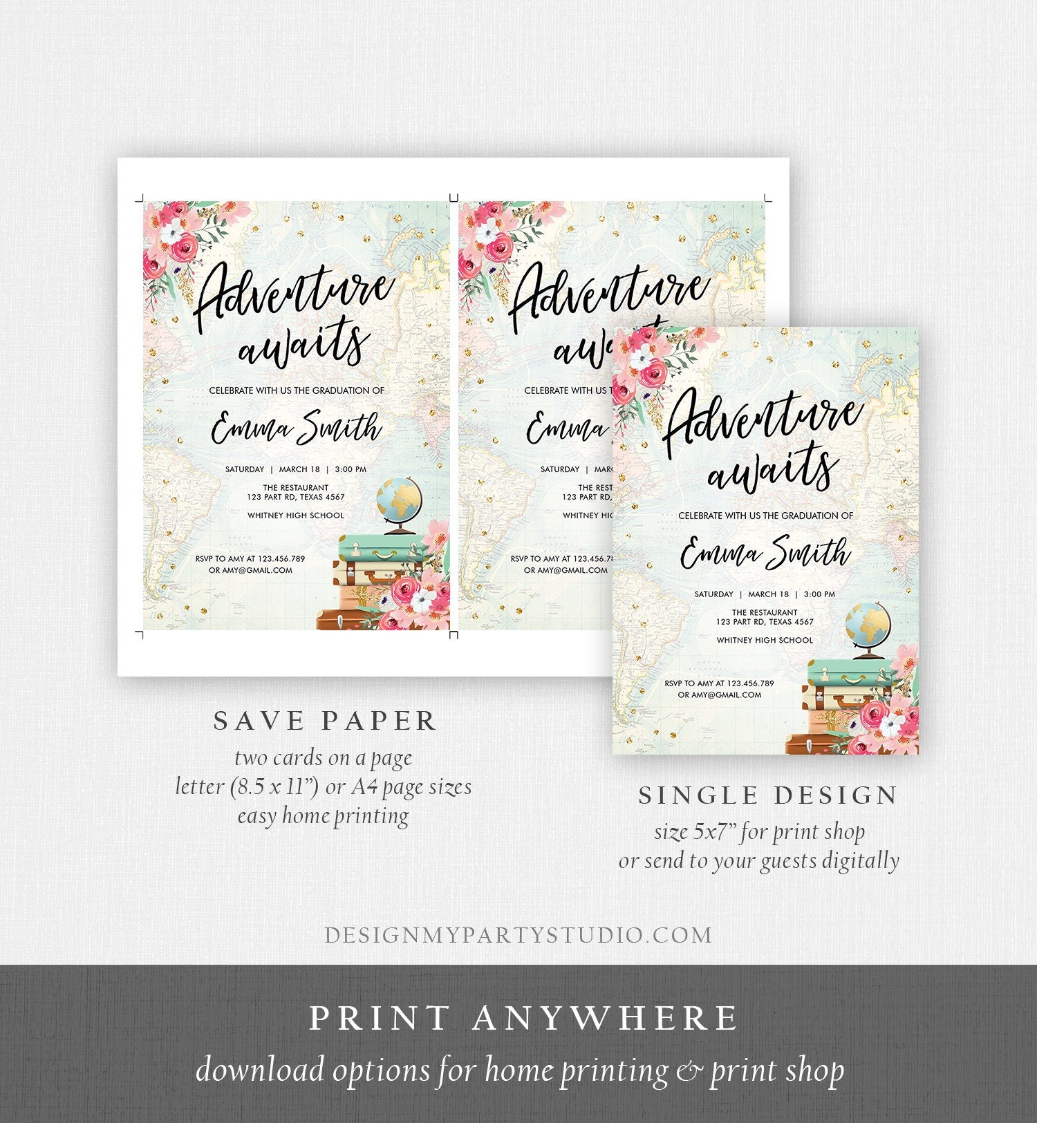 Editable Adventure Awaits Graduation Party Invitation Vintage Travel Around the World Pink Gold High School Grad College Evite Template 0030