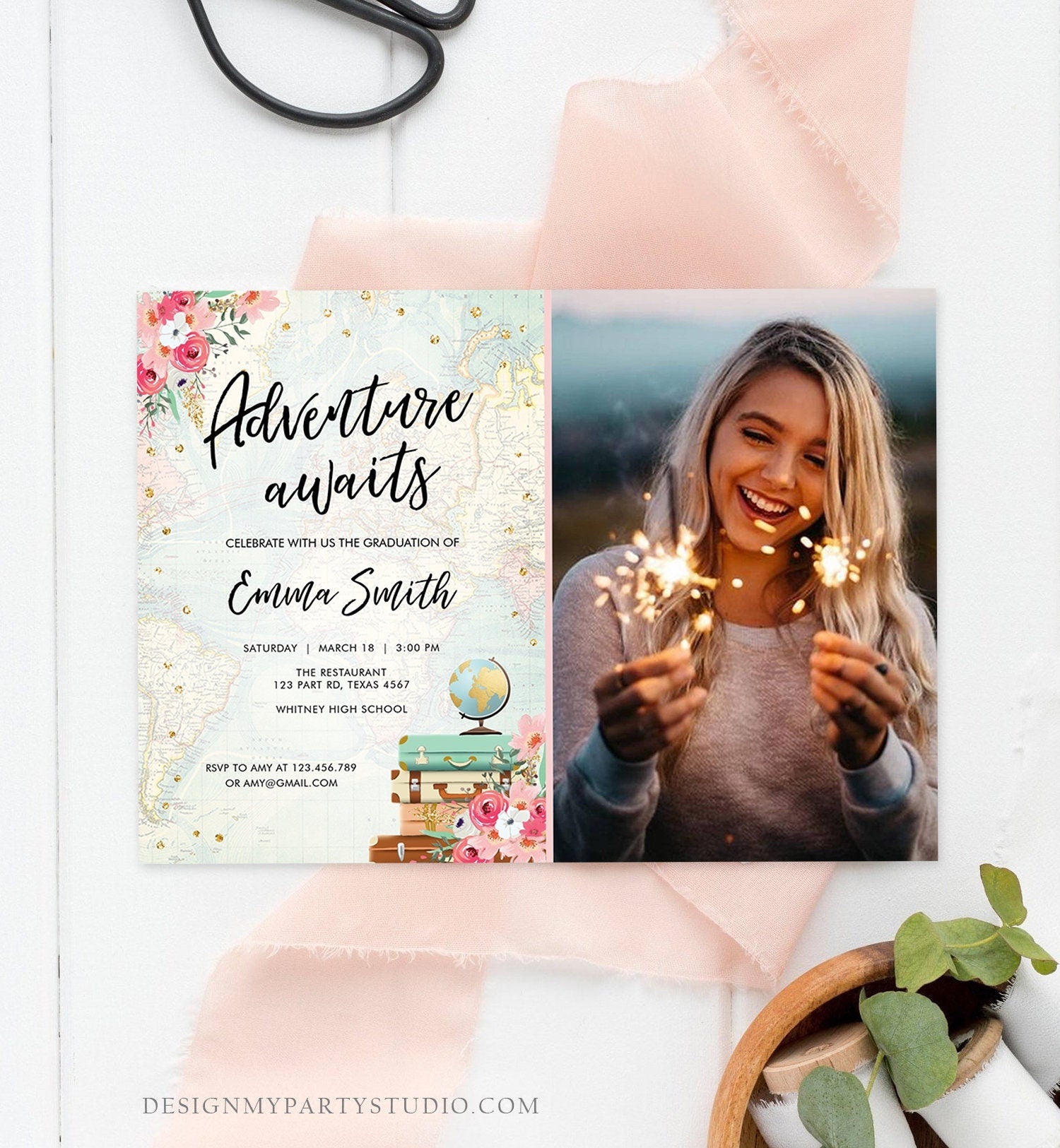 Editable Adventure Awaits Graduation Party Invitation Vintage Travel Around the World Pink Gold High School Grad College Corjl Template 0030