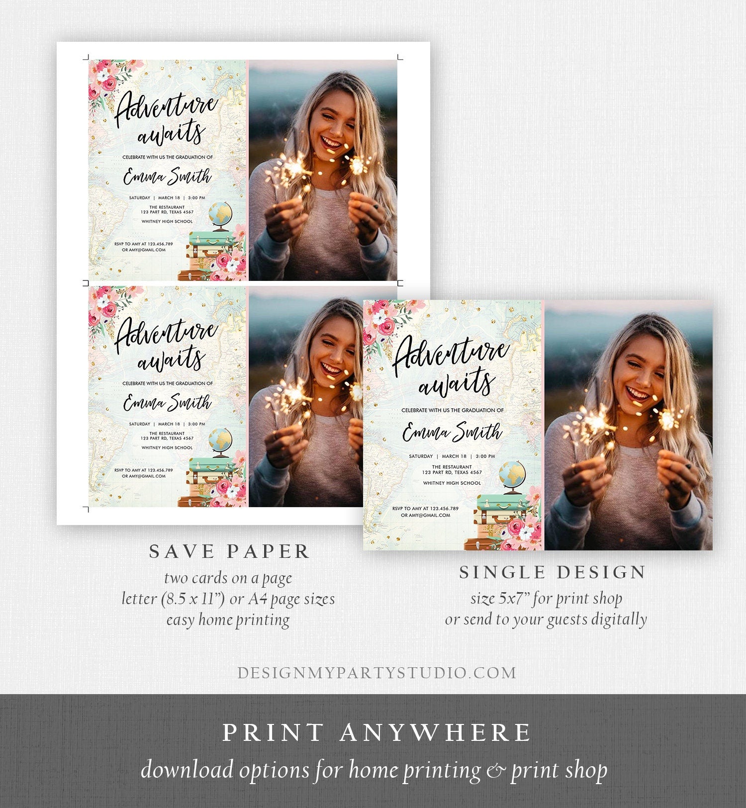 Editable Adventure Awaits Graduation Party Invitation Vintage Travel Around the World Pink Gold High School Grad College Corjl Template 0030