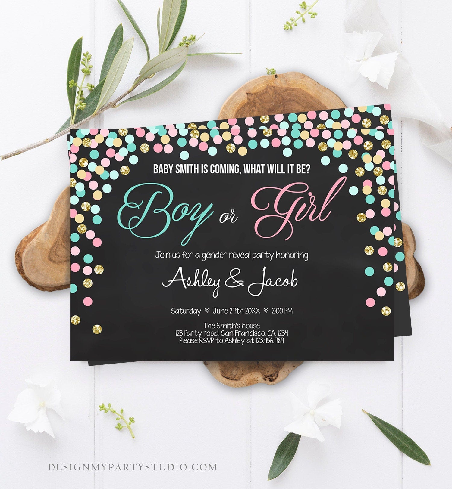 Editable Gender Reveal Invitation Confetti Blue or Pink Gold Boy or Girl He or She Rustic Instant Download Printable Template Corjl 0133