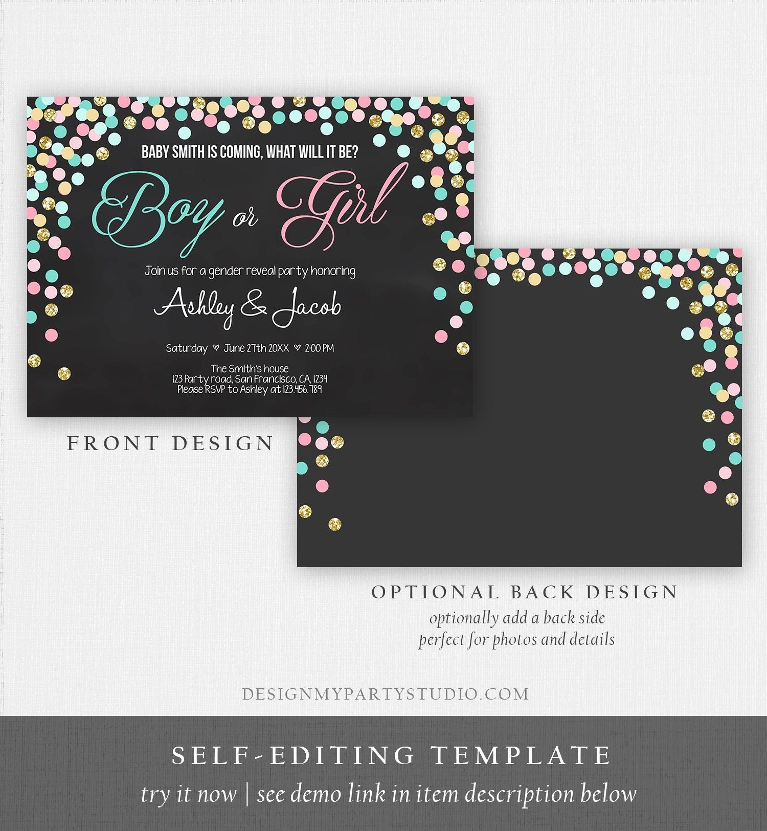 Editable Gender Reveal Invitation Confetti Blue or Pink Gold Boy or Girl He or She Rustic Instant Download Printable Template Corjl 0133