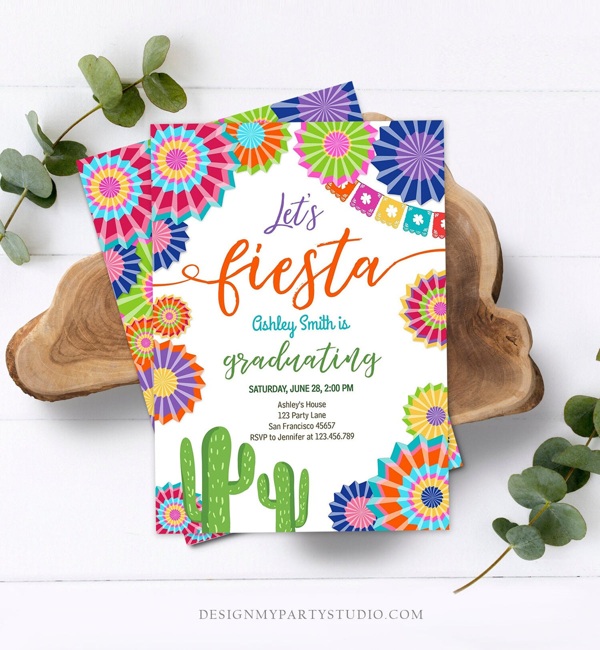 Editable Let&#39;s Fiesta Graduation Party Invitation Cactus Mexican Taco Bout Grad High School College Download Corjl Template Printable 0236