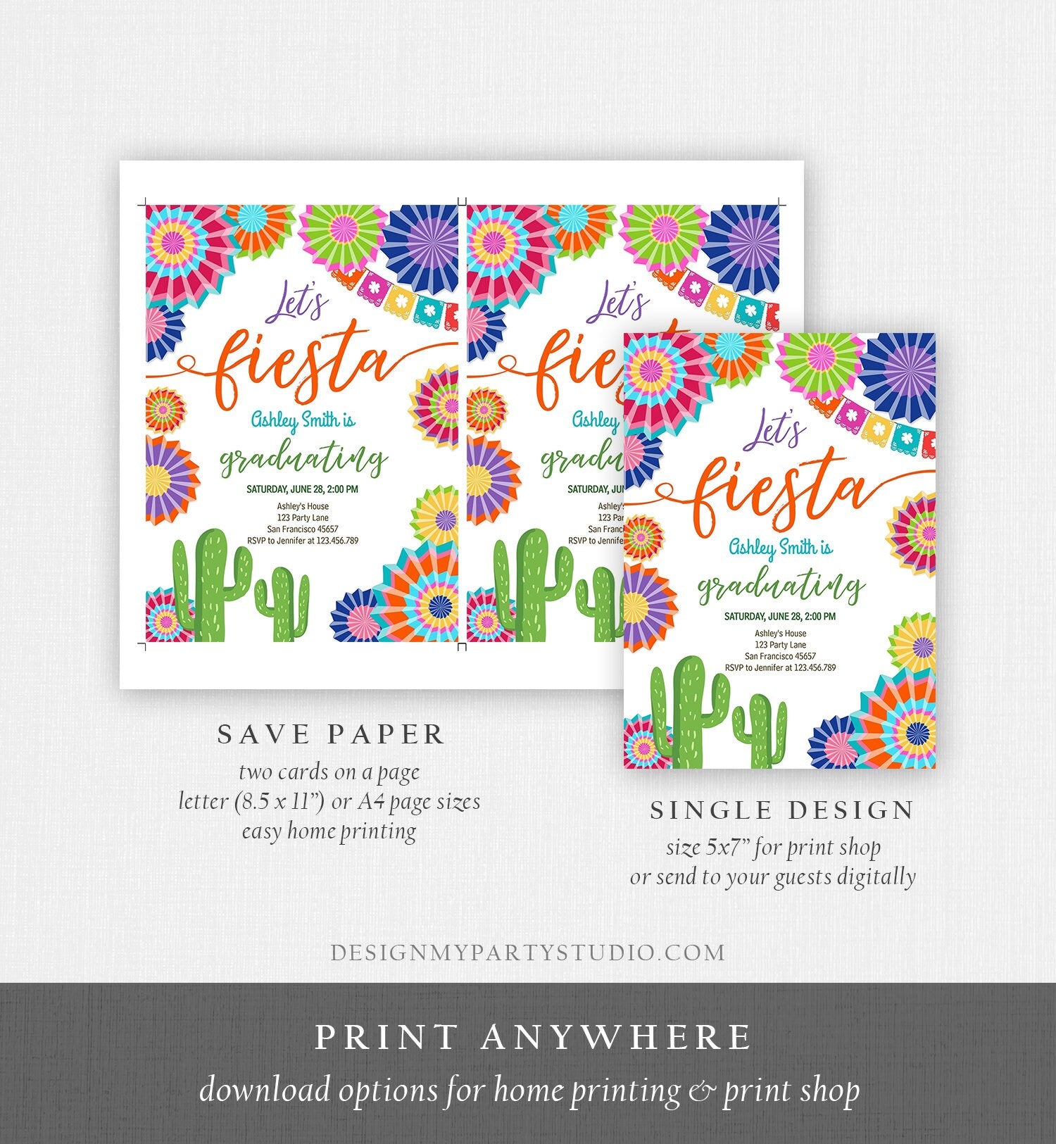 Editable Let's Fiesta Graduation Party Invitation Cactus Mexican Taco Bout Grad High School College Download Corjl Template Printable 0236