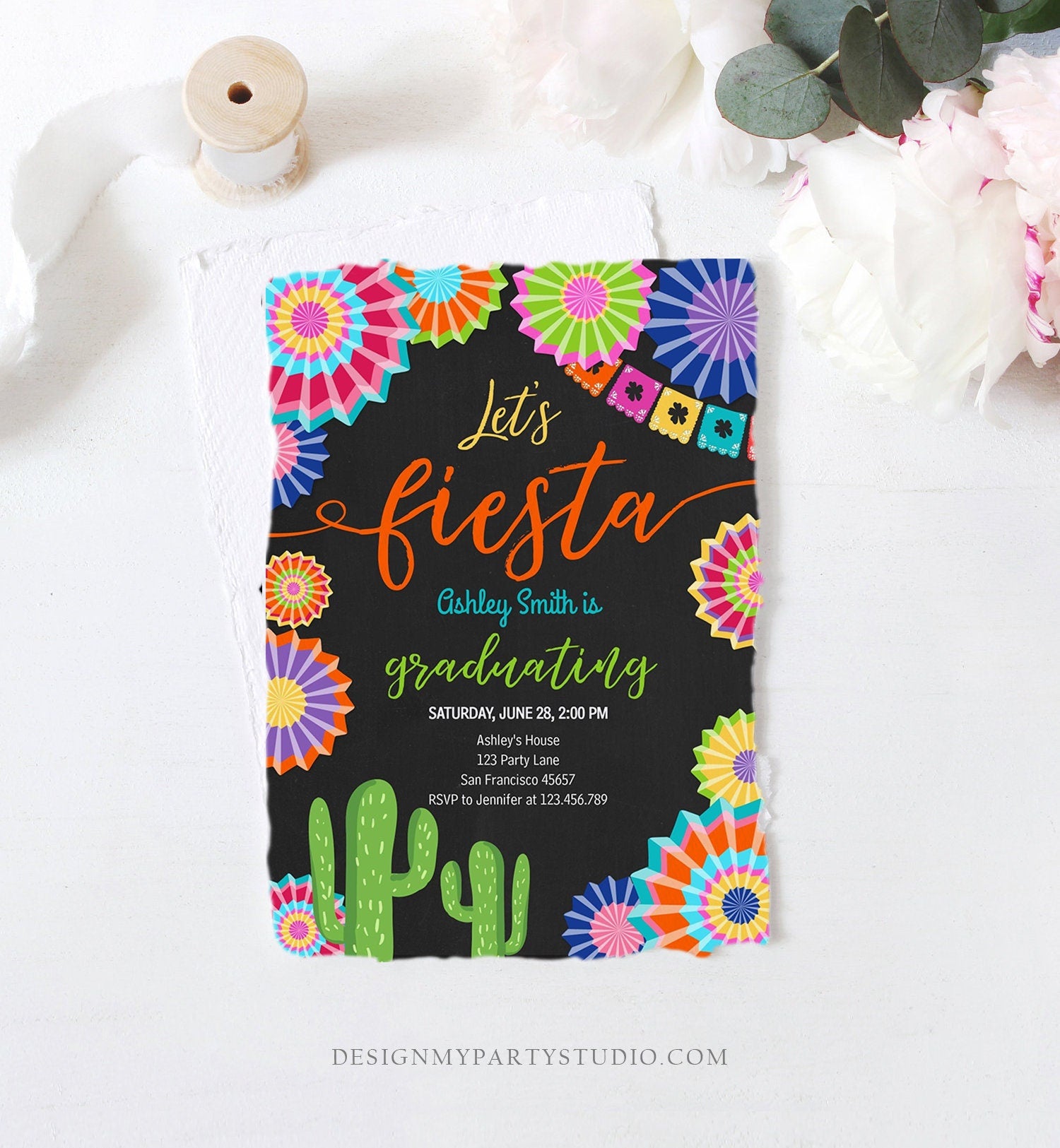 Editable Let's Fiesta Graduation Party Invitation Cactus Mexican Taco Bout Grad High School College Digital Download Template Printable 0236