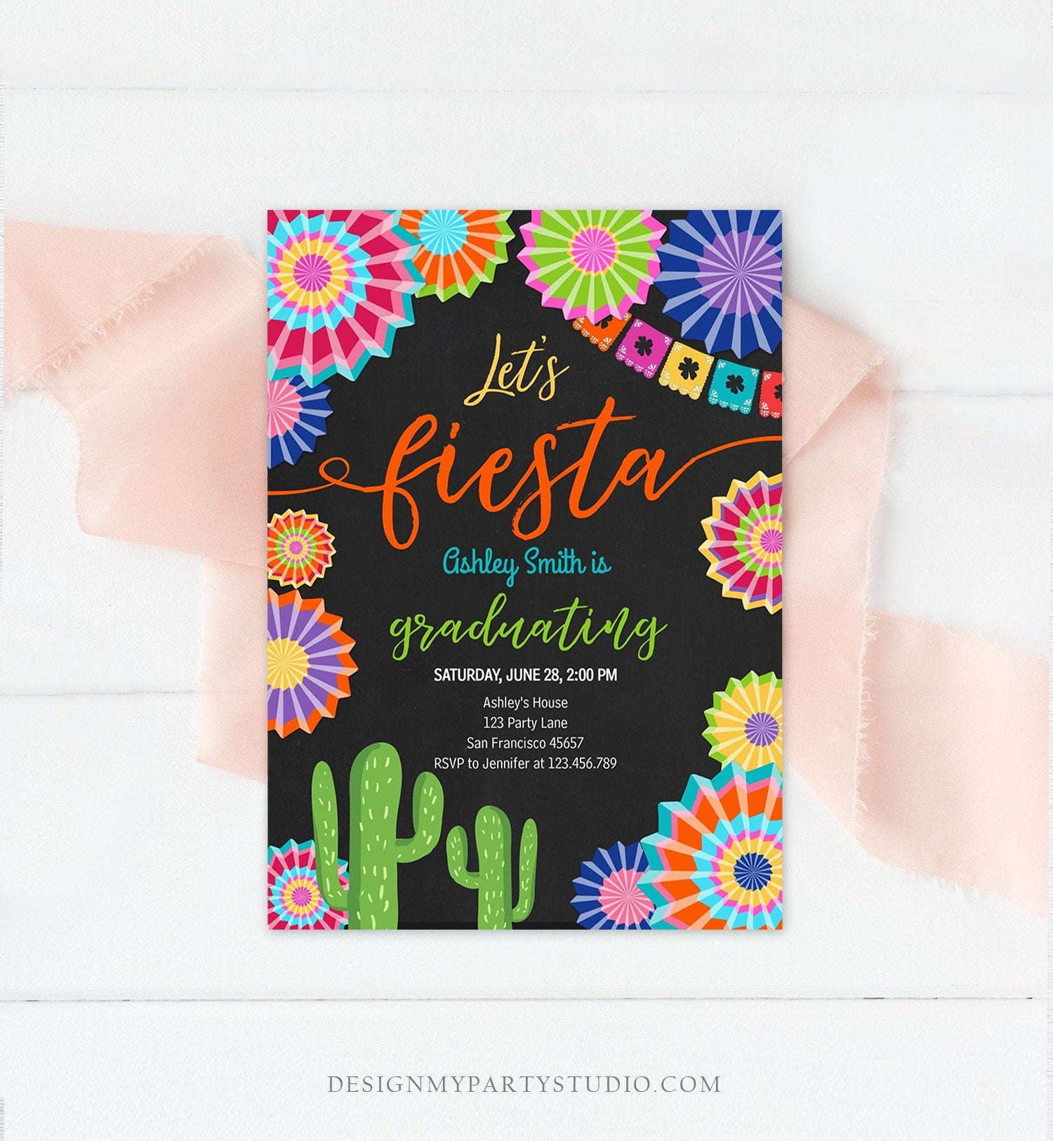 Editable Let's Fiesta Graduation Party Invitation Cactus Mexican Taco Bout Grad High School College Digital Download Template Printable 0236