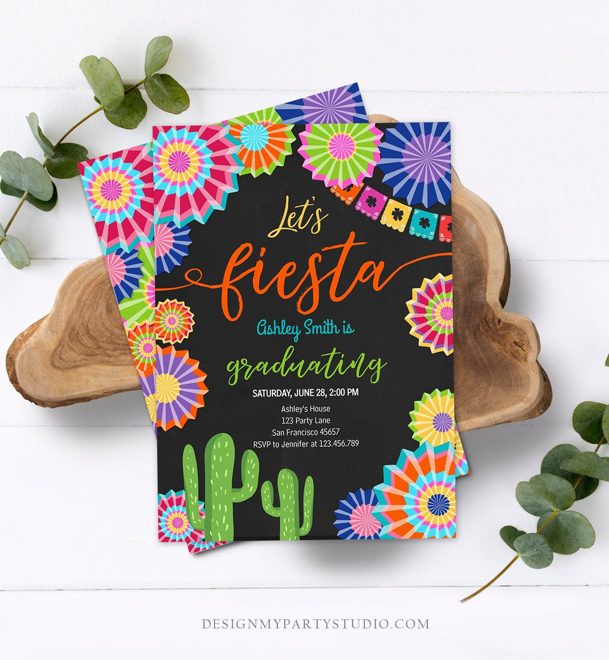 Editable Let&#39;s Fiesta Graduation Party Invitation Cactus Mexican Taco Bout Grad High School College Digital Download Template Printable 0236