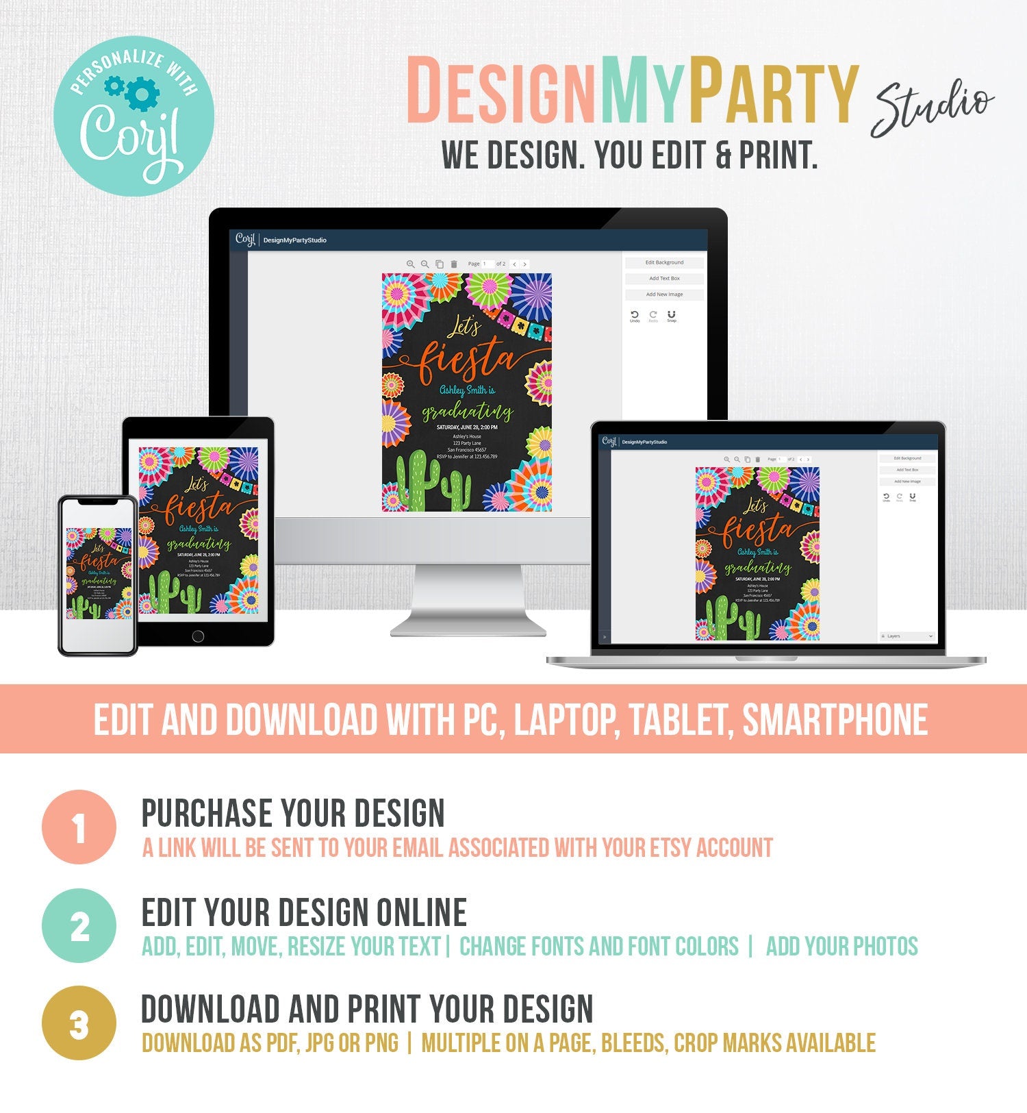 Editable Let's Fiesta Graduation Party Invitation Cactus Mexican Taco Bout Grad High School College Digital Download Template Printable 0236