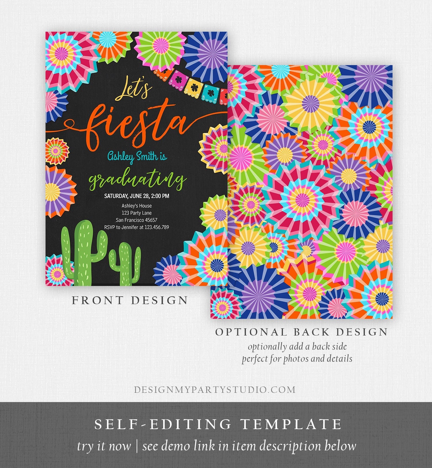 Editable Let's Fiesta Graduation Party Invitation Cactus Mexican Taco Bout Grad High School College Digital Download Template Printable 0236