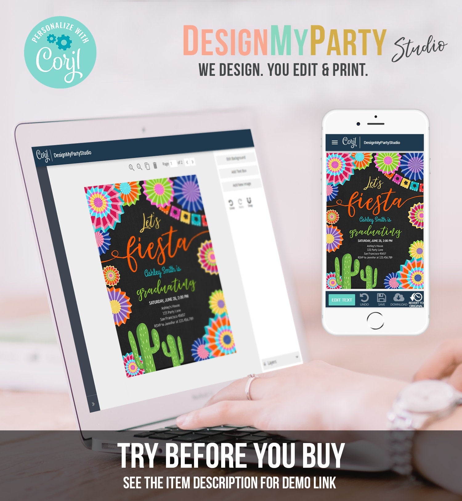 Editable Let's Fiesta Graduation Party Invitation Cactus Mexican Taco Bout Grad High School College Digital Download Template Printable 0236