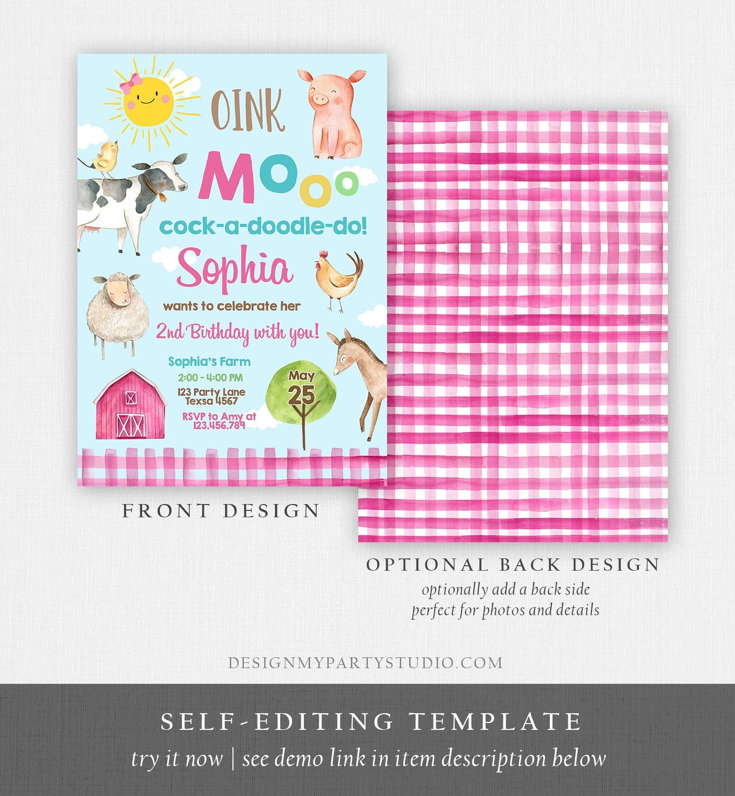 Editable Farm Animals Birthday Invitation Girl Party Animals Pink Barnyard Party Barn Digital Download Evite Template Printable 0160