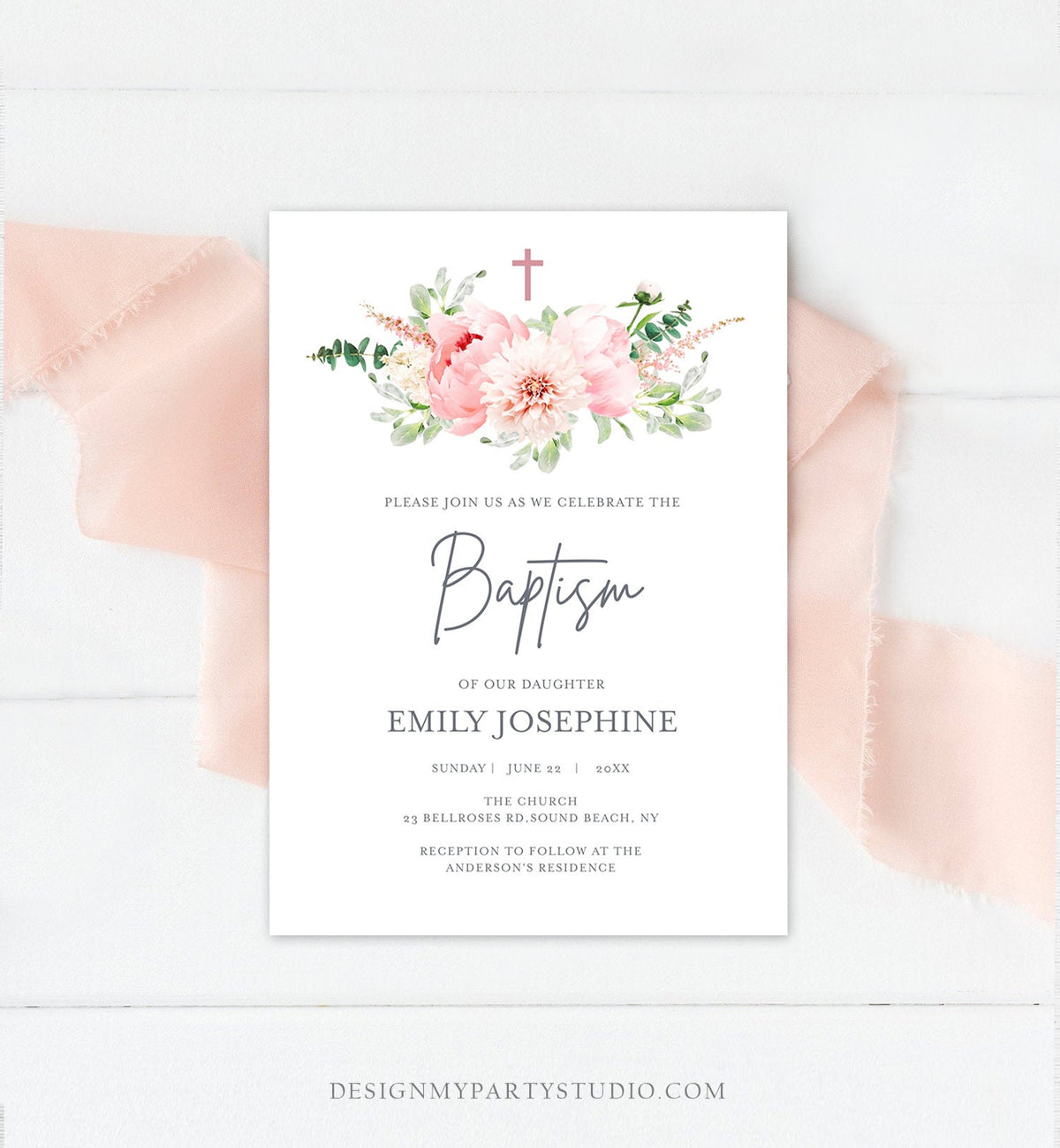 Editable Floral Baptism Invitation Pink Girl Botanical Flowers Greenery Pastel Watercolor Peony Colors Digital Corjl Template Printable 0167