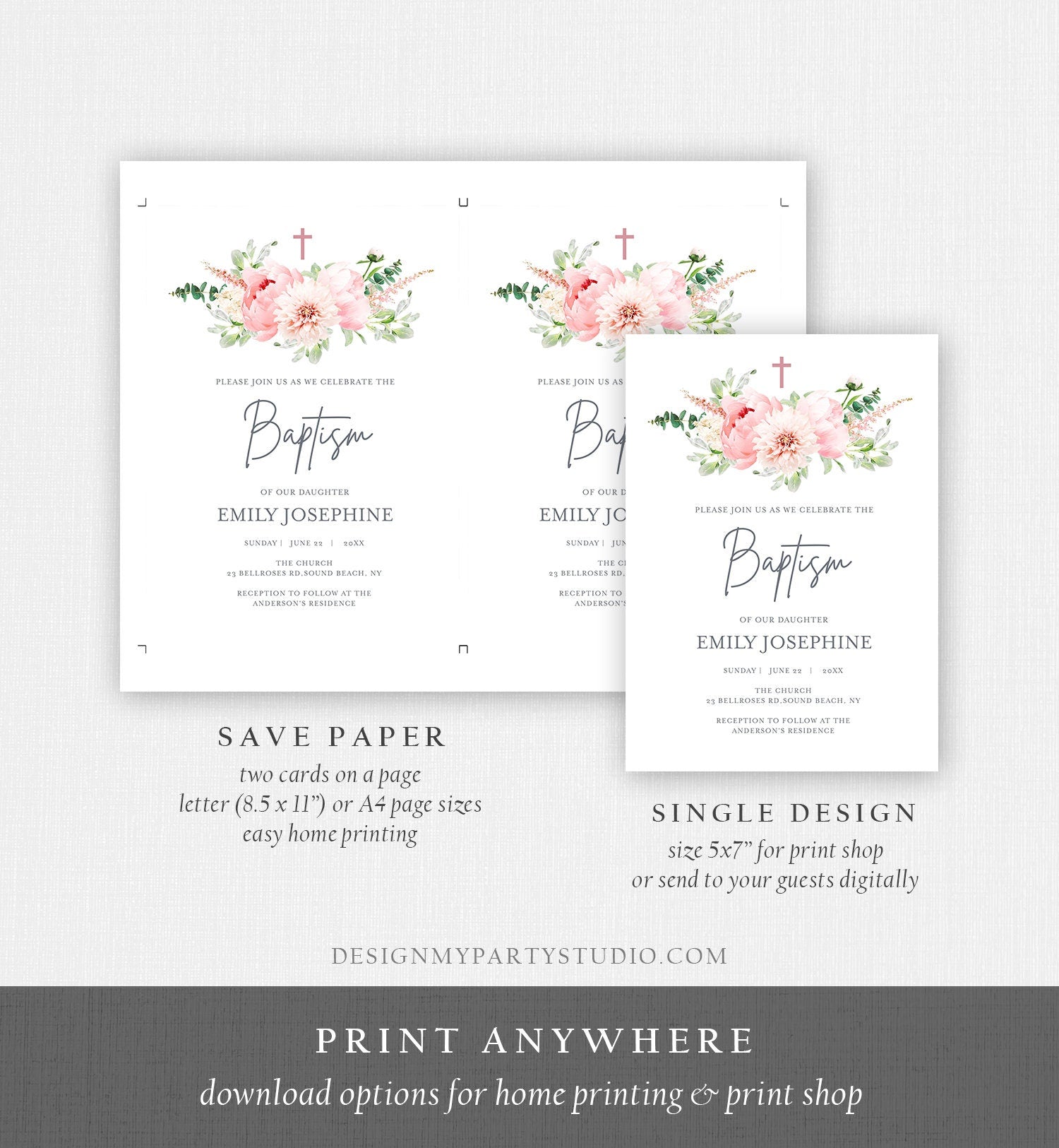 Editable Floral Baptism Invitation Pink Girl Botanical Flowers Greenery Pastel Watercolor Peony Colors Digital Corjl Template Printable 0167