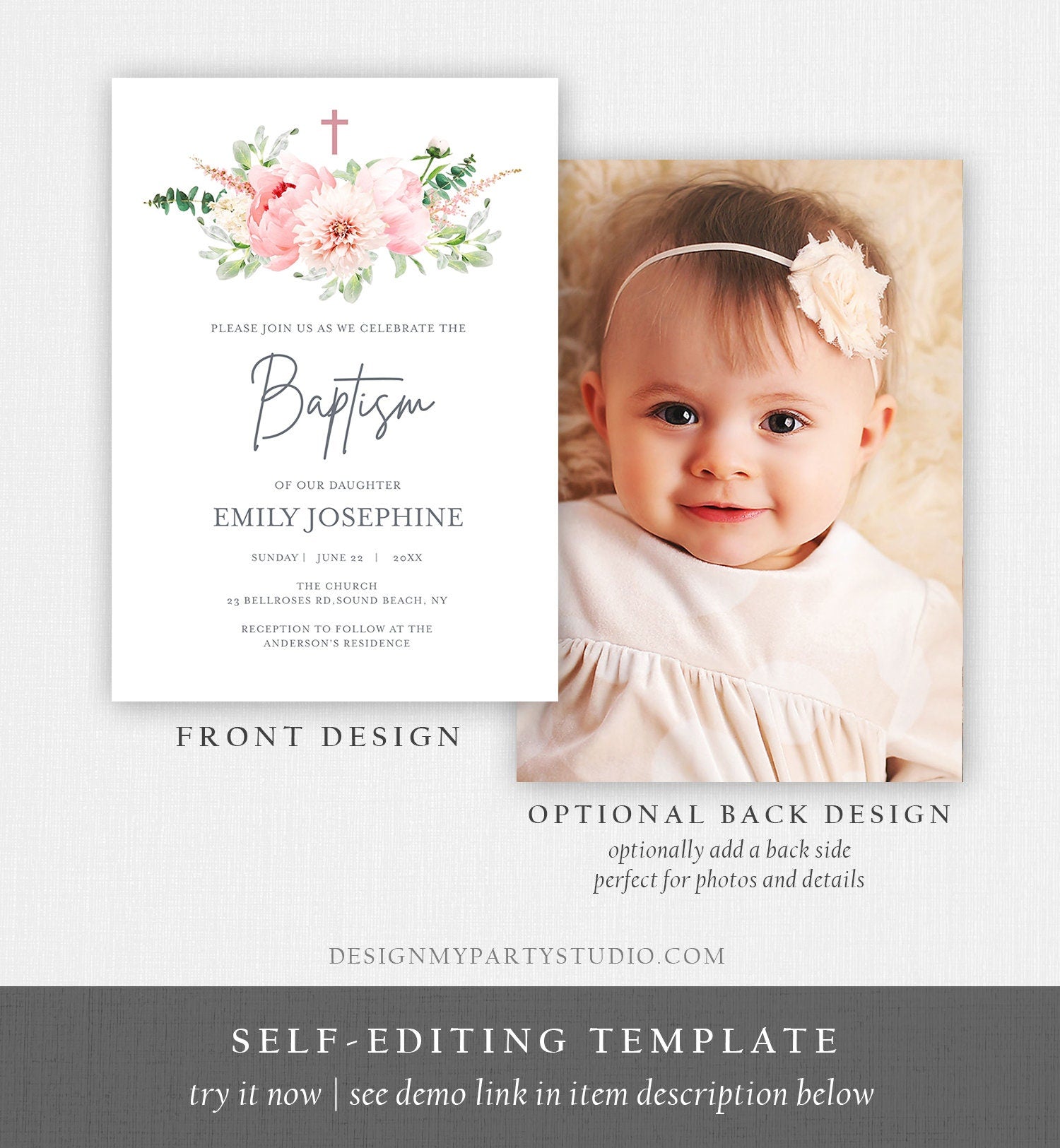 Editable Floral Baptism Invitation Pink Girl Botanical Flowers Greenery Pastel Watercolor Peony Colors Digital Corjl Template Printable 0167