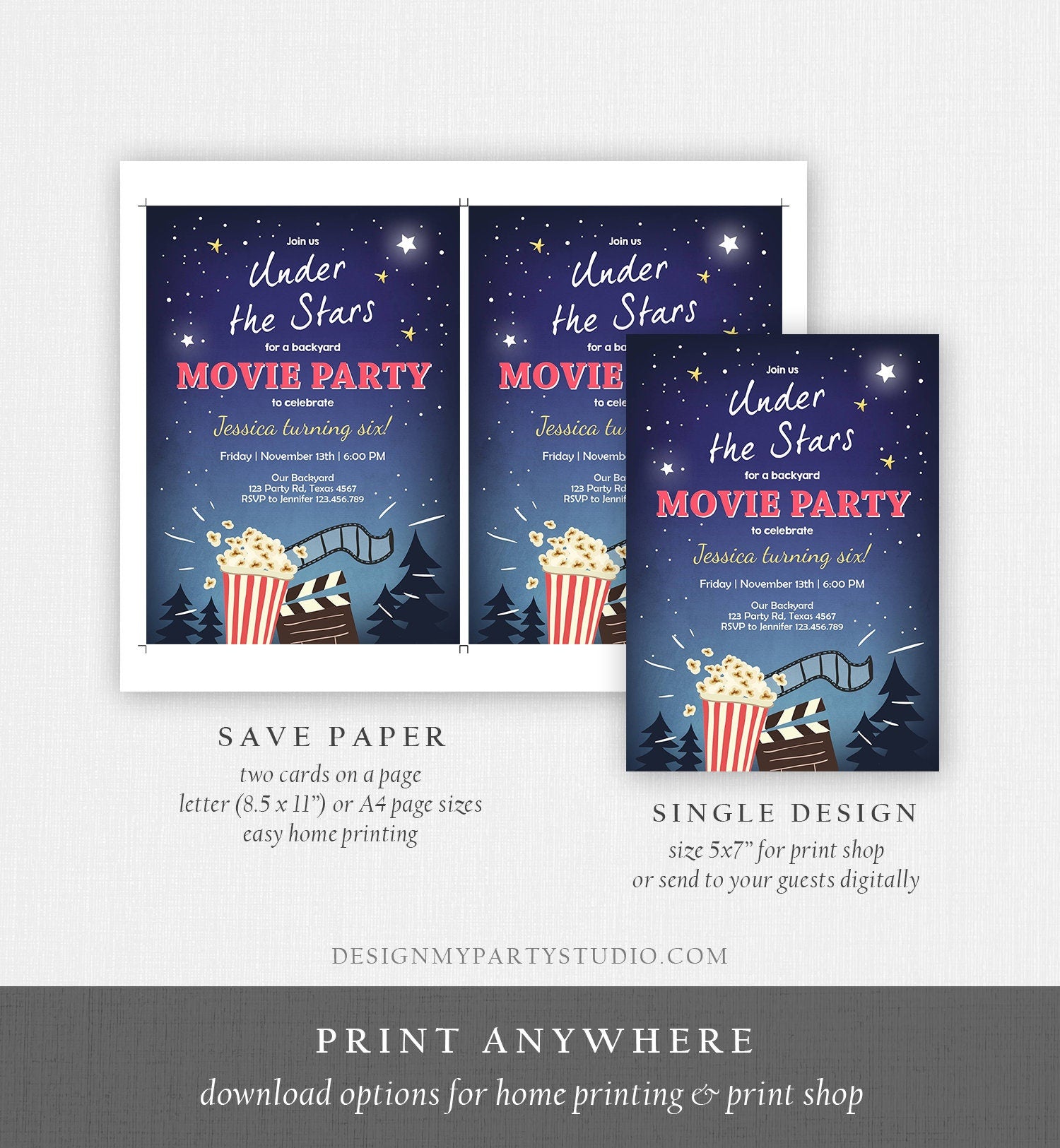 Editable Movie Night Invitation Under the Stars Outdoor Backyard Movie Party Popcorn Birthday Download Corjl Template Printable 0177