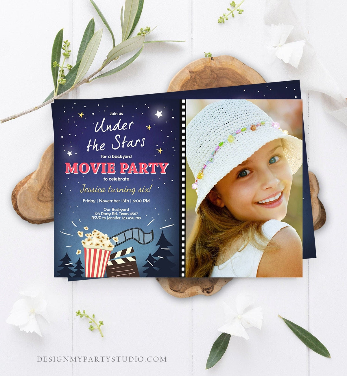 Editable Movie Night Invitation Under the Stars Outdoor Backyard Movie Party Popcorn Birthday Download Printable Template Corjl 0177