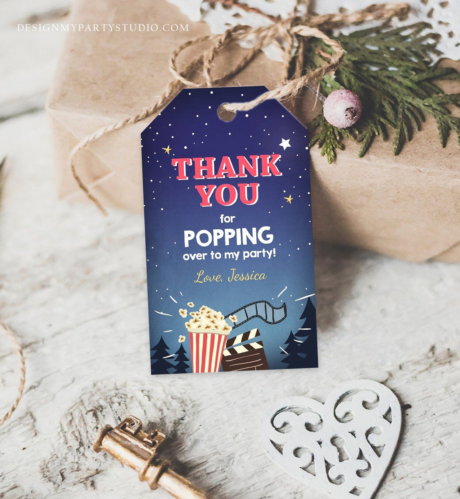 Editable Favor Tags Movie Night Thank you Gift Tags Cinema Movie Under The Stars Popcorn Backyard Movie Party Template PRINTABLE Corjl 0177