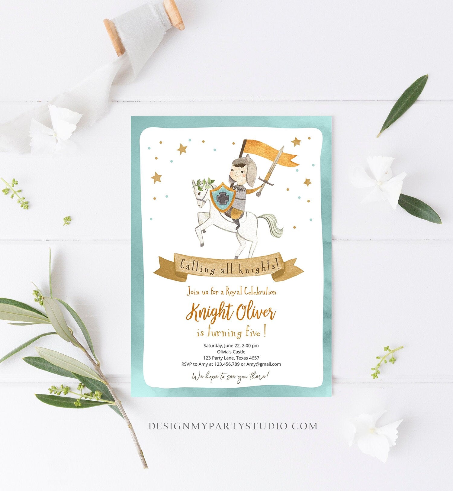 Editable Knight Birthday Invitation Boy Royal Birthday Once Upon a Time Knight Dragon Castle Blue Medieval Template Corjl Printable 0171