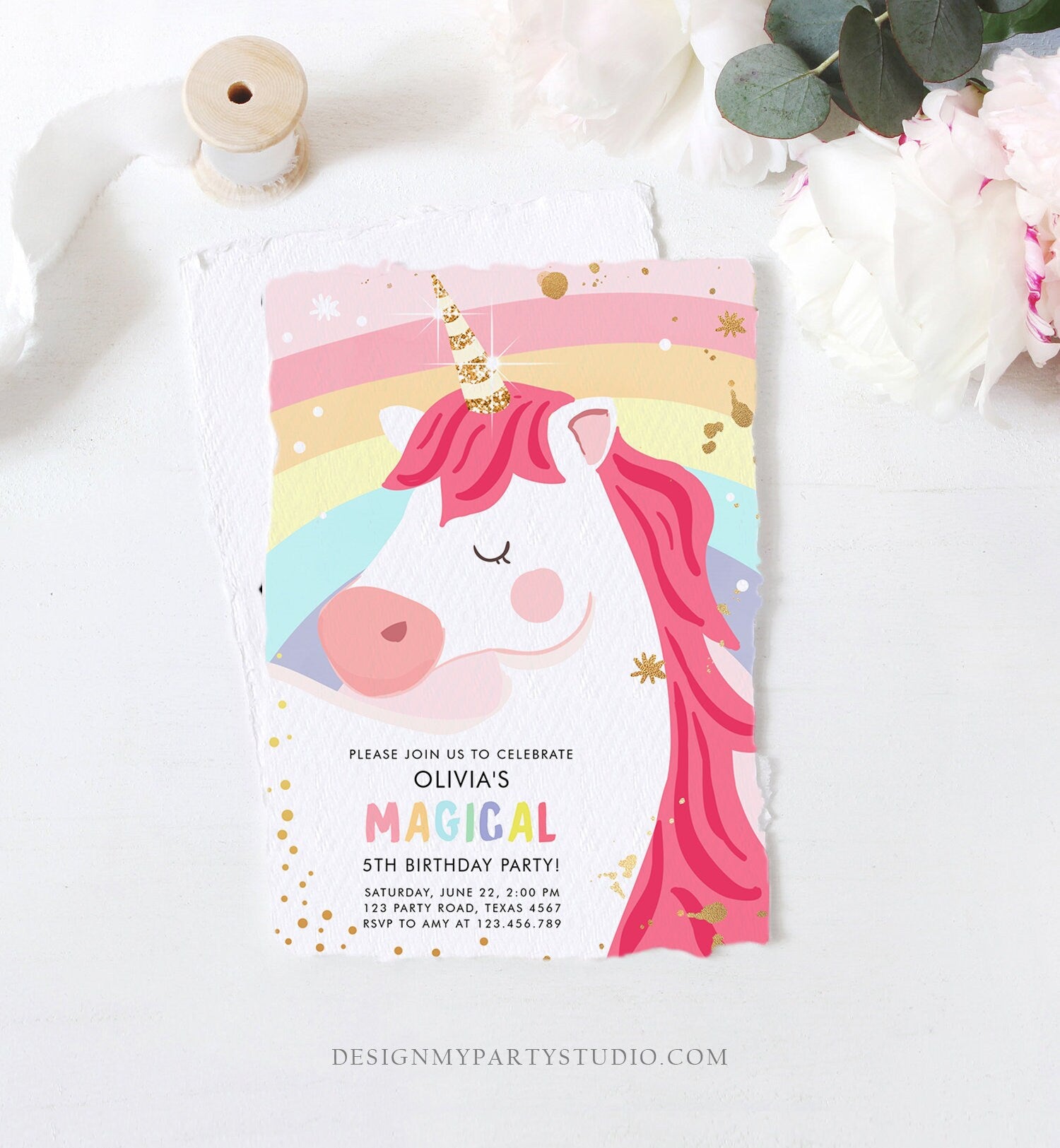 Editable Unicorn Birthday Invitation Unicorn Party Girl Pink Gold Magical Unicorn Invite Rainbow Corjl Template Digital 0323