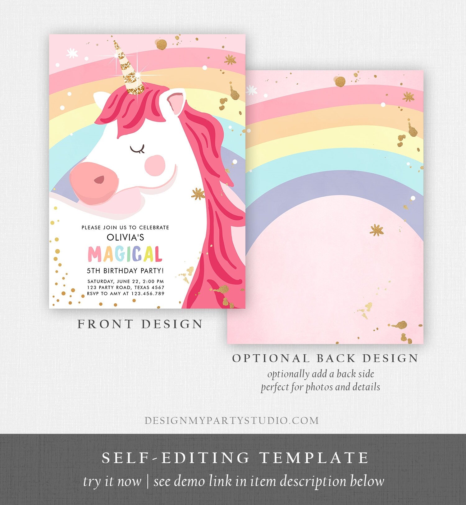 Editable Unicorn Birthday Invitation Unicorn Party Girl Pink Gold Magical Unicorn Invite Rainbow Corjl Template Digital 0323