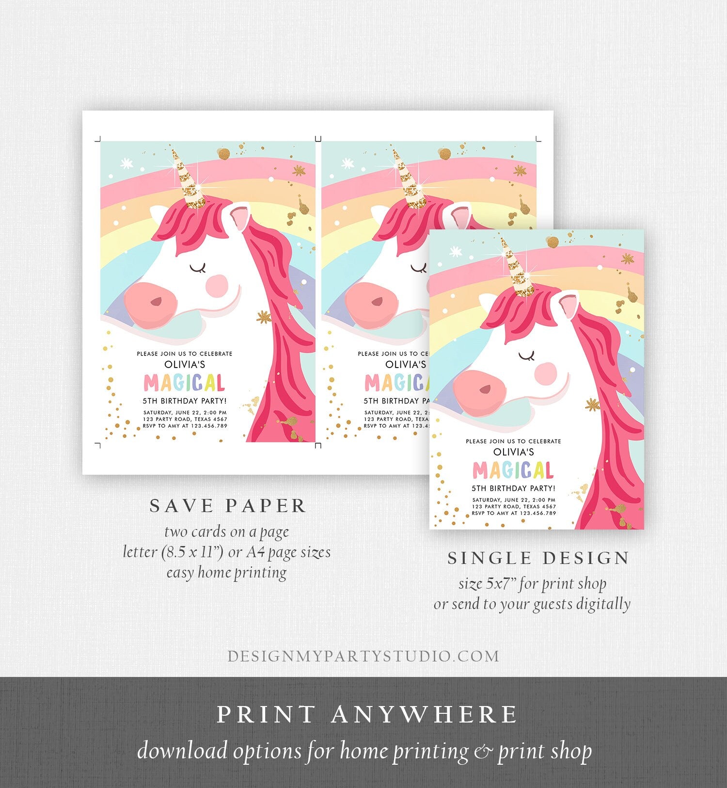 Editable Unicorn Birthday Invitation Unicorn Party Girl Pink Gold Magical Unicorn Rainbow Digital Download Evite Template Printable 0323