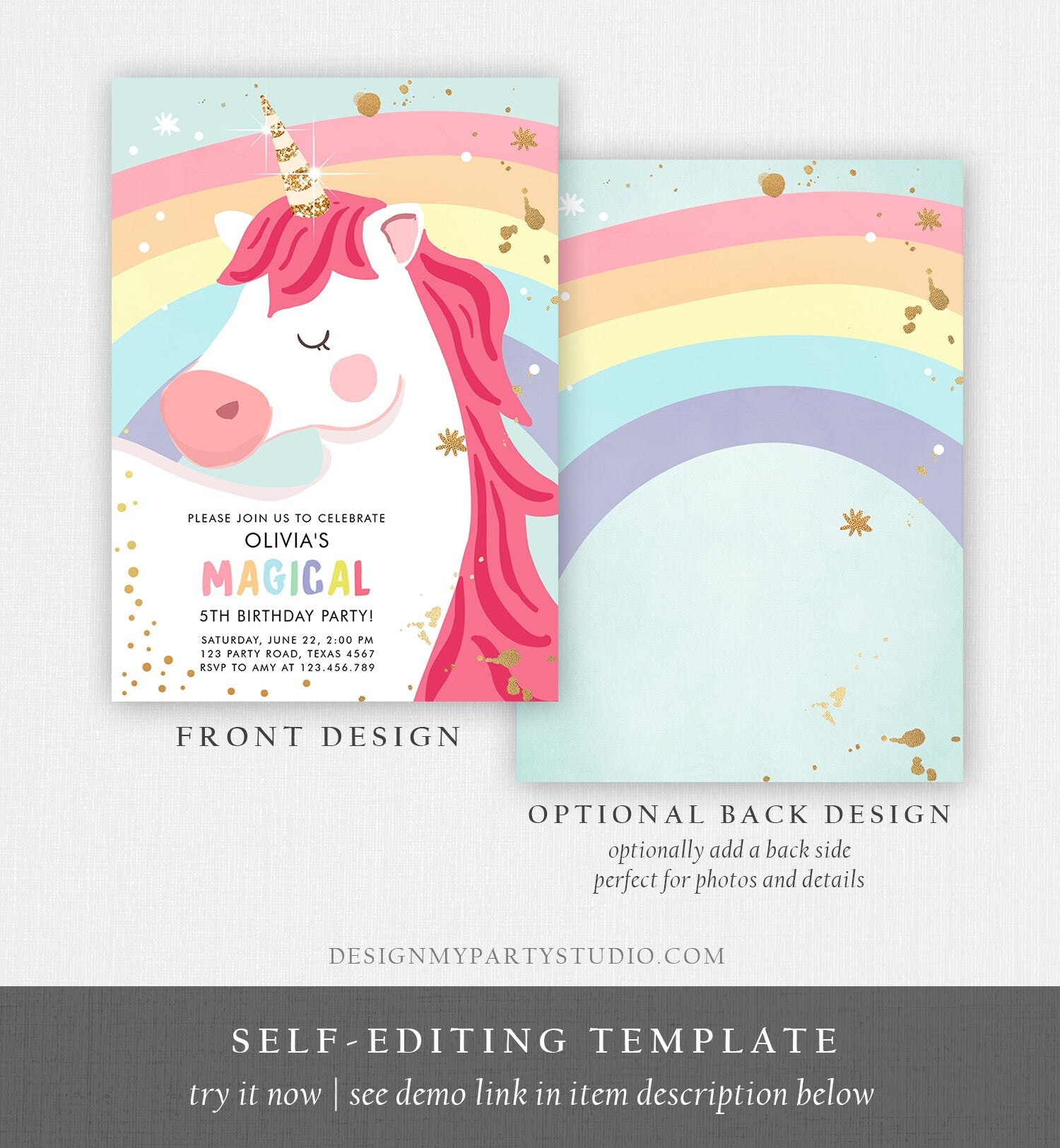 Editable Unicorn Birthday Invitation Unicorn Party Girl Pink Gold Magical Unicorn Rainbow Digital Download Evite Template Printable 0323