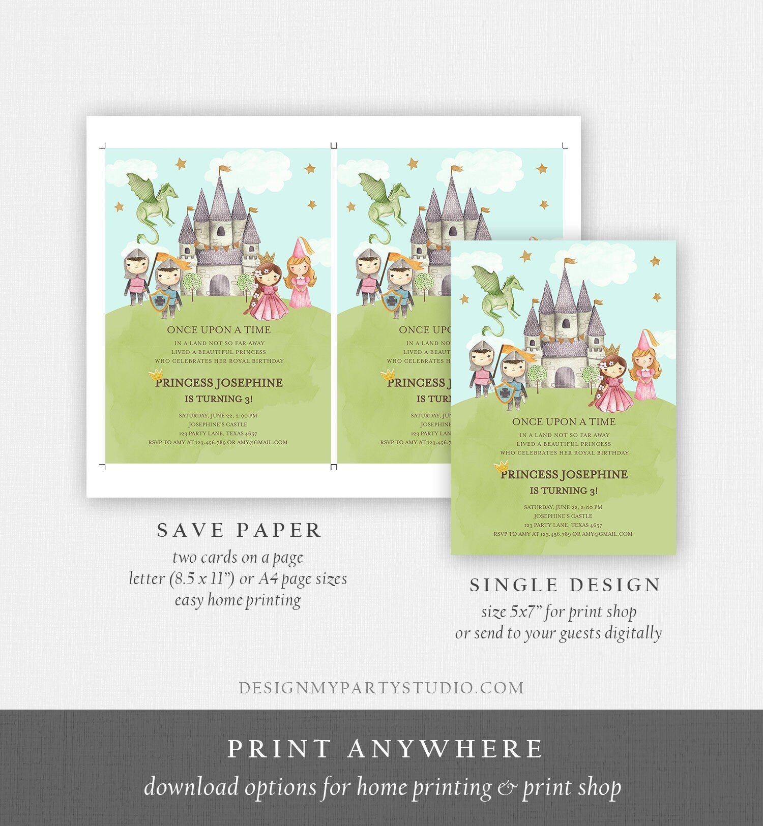 Editable Princess and Knight Birthday Invitation Once Upon a Time Princess Royal Birthday Girl Pink Castle Digital Template Printable 0171