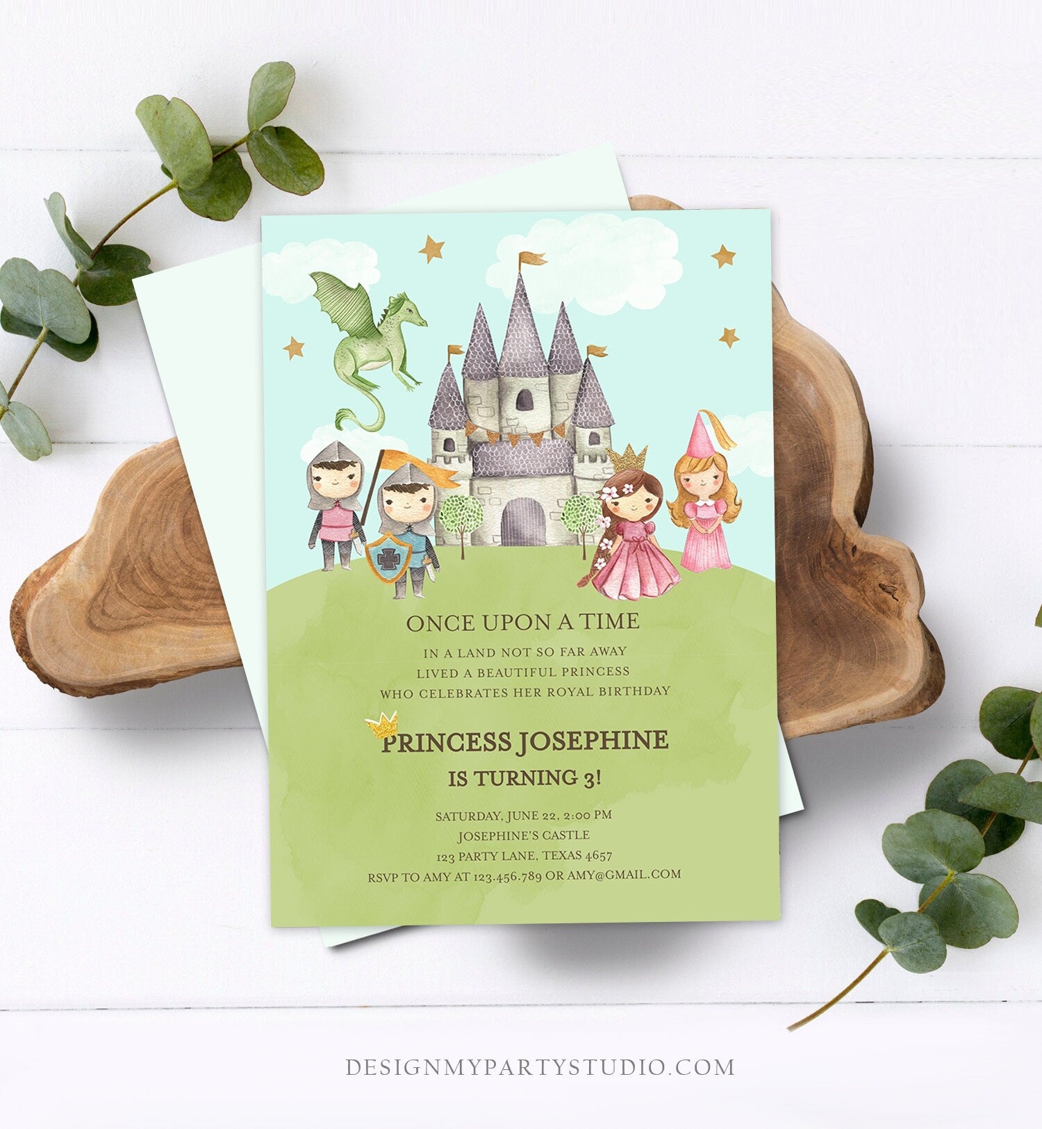 Editable Princess and Knight Birthday Invitation Once Upon a Time Princess Royal Birthday Girl Pink Castle Digital Template Printable 0171