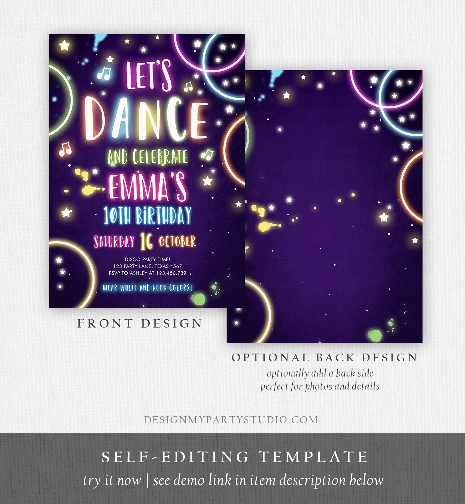 Editable Dance Party Birthday Invitation Disco Music Let's Dance Neon Glow In The Dark Party Girl Teen Pink Template Corjl Printable 0172