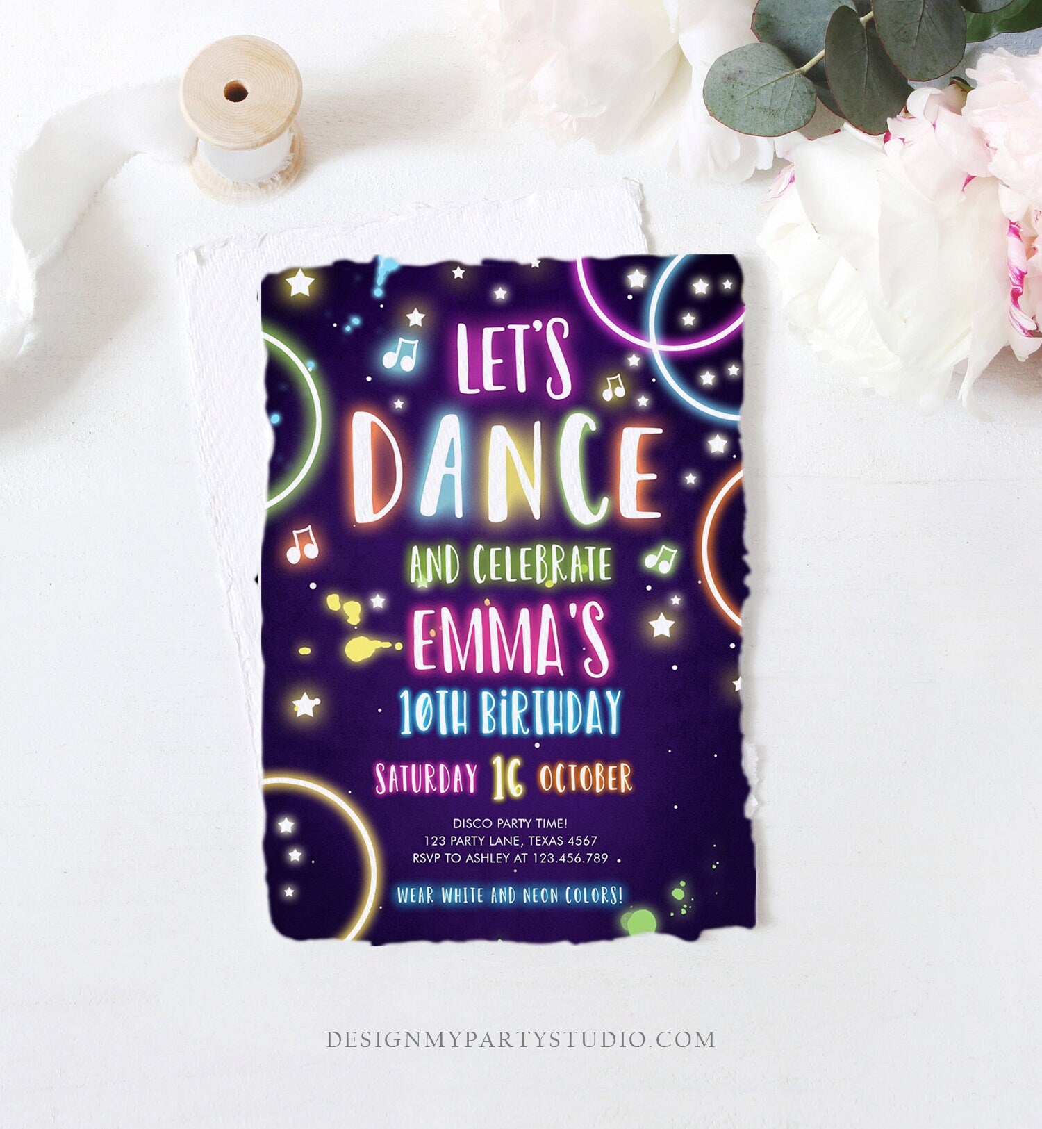 Editable Dance Party Birthday Invitation Disco Music Let's Dance Neon Glow In The Dark Party Girl Teen Pink Template Corjl Printable 0172