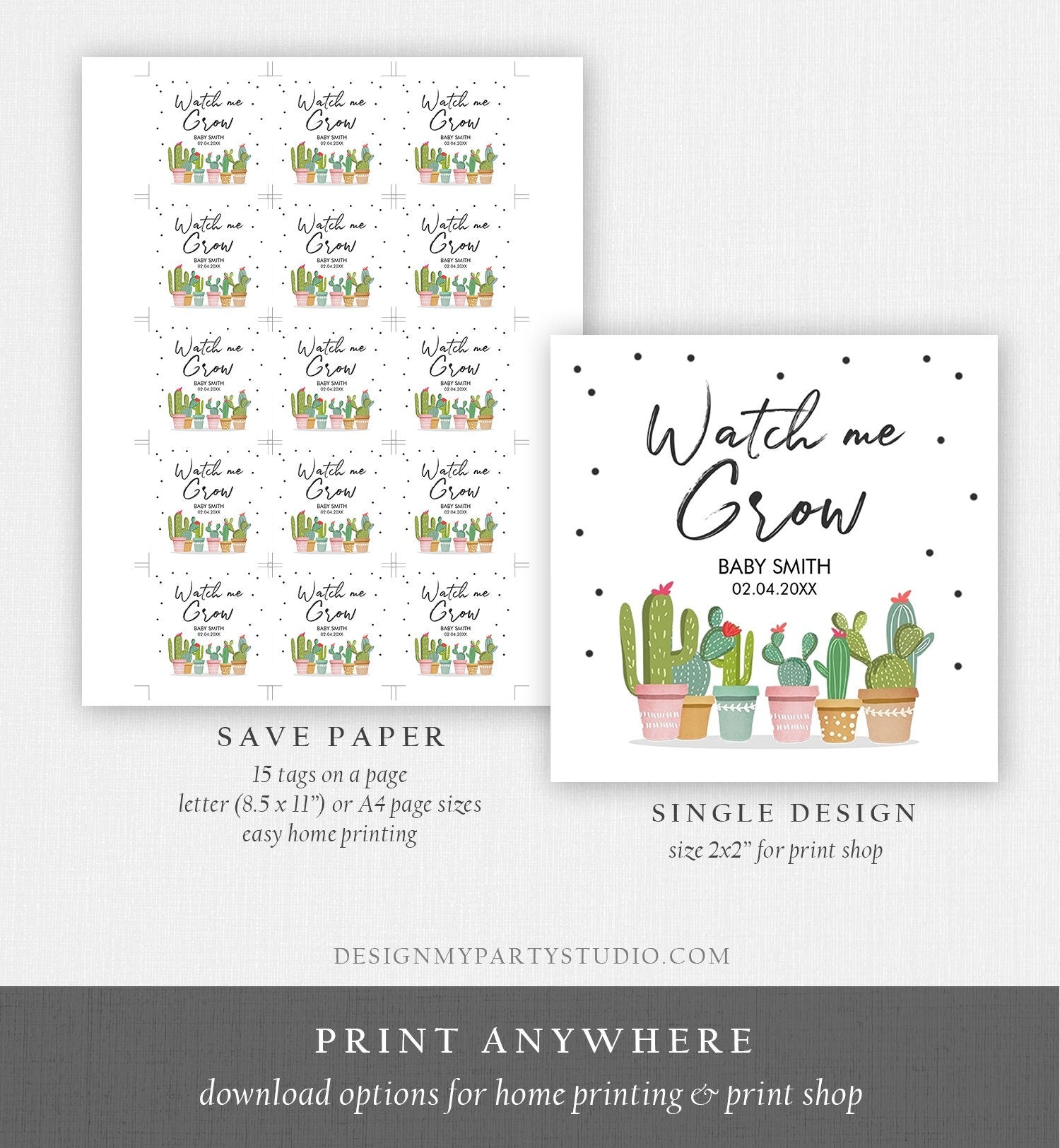 Editable Watch Me Grow Tags Fiesta Cactus Favor Tags Baby Shower Bridal Succulent Taco Bout Love Tag Baby Digital Template Printable 0254